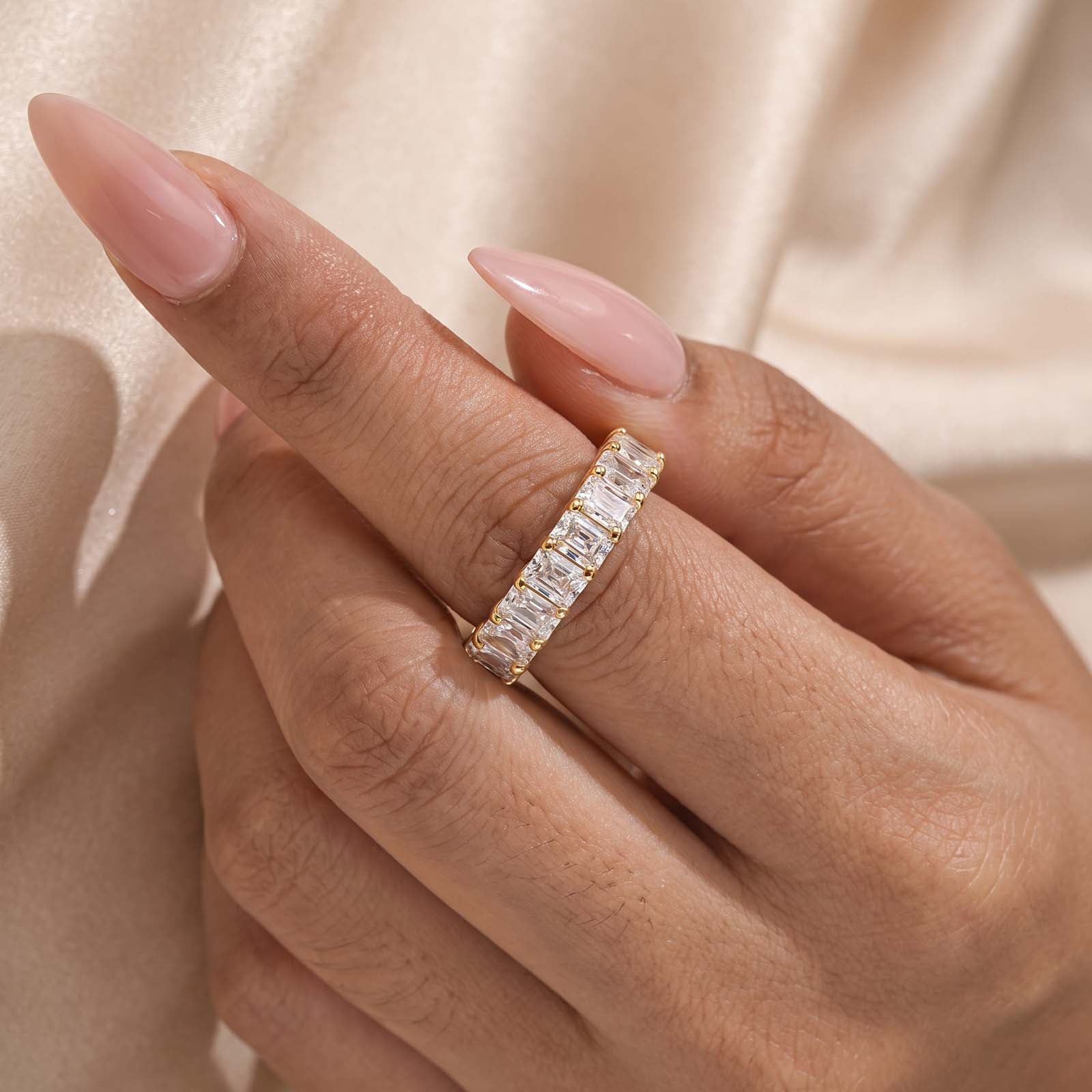 S925 Moissanite 3.5Ct Radiant Cut Full Channel Eternity Yellow Gold Wedding Band Stackable Bridal Ring