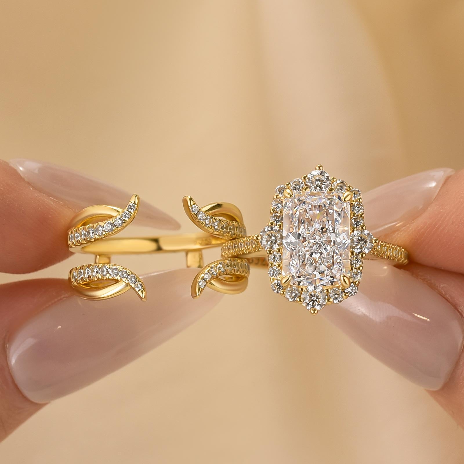 2PC 3.5 Carat Radiant Cut Halo Engagement Ring with Jacket Wedding Band Wedding Ring Set