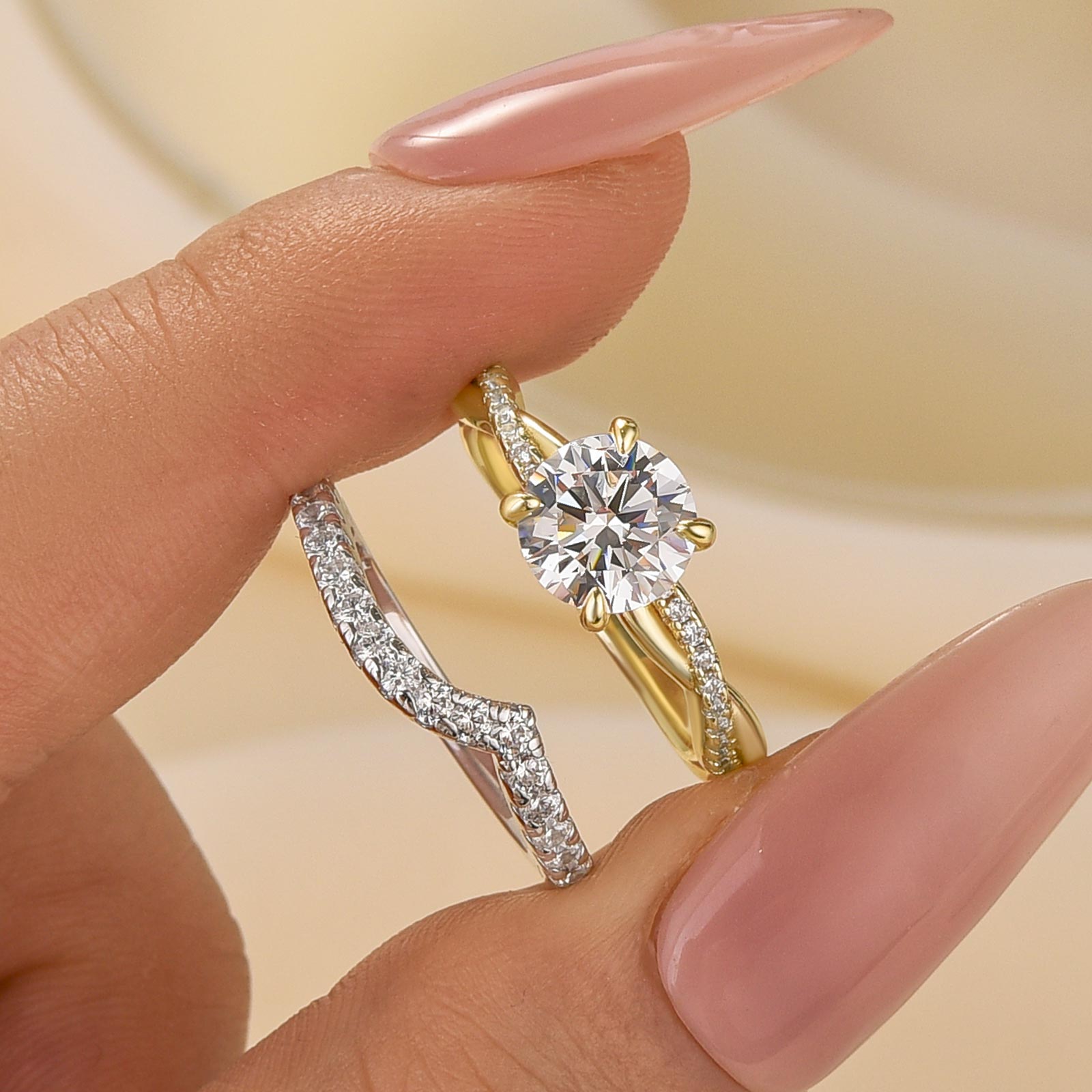 Twist 1.25 Carat Round Cut Wedding Ring Set With Curved Wedding Band