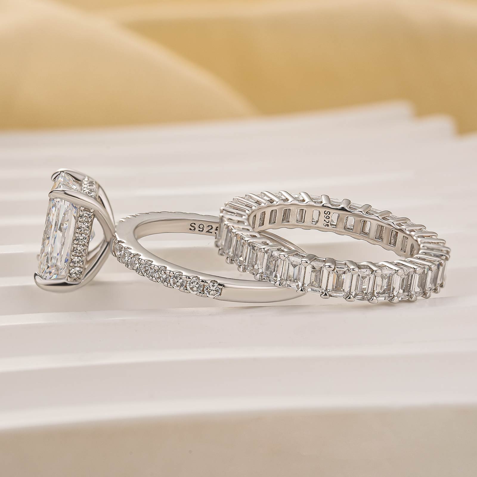 3.5Ct Radiant Cut Wedding Ring Set With Emerald Cut Wedding Band