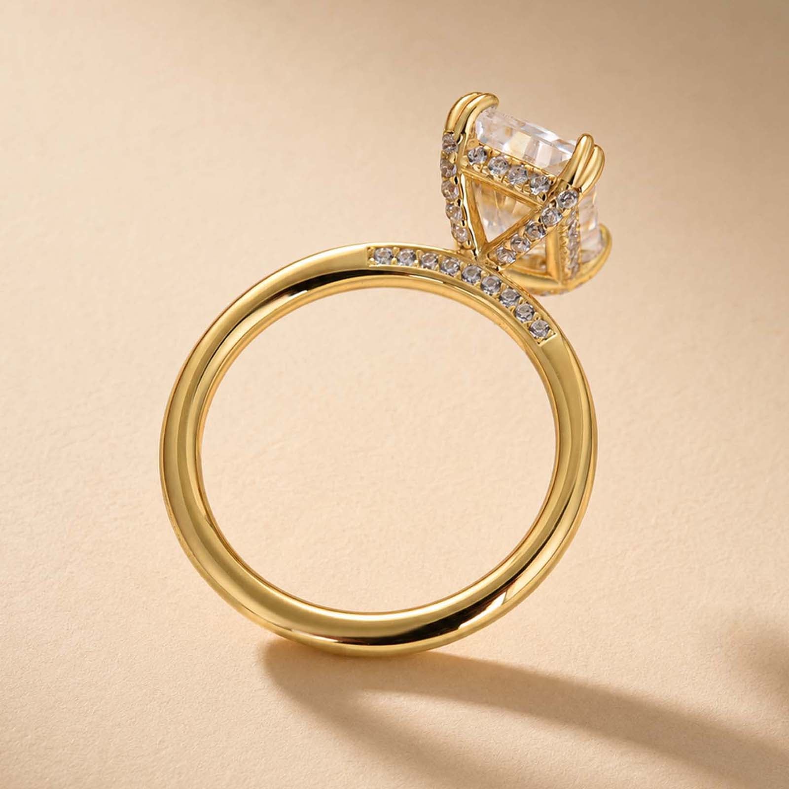 S925 Moissanite 3.5Ct Radiant Cut Hidden Halo Engagement Ring 18K Yellow Gold Plated Promise Wedding Ring For Women