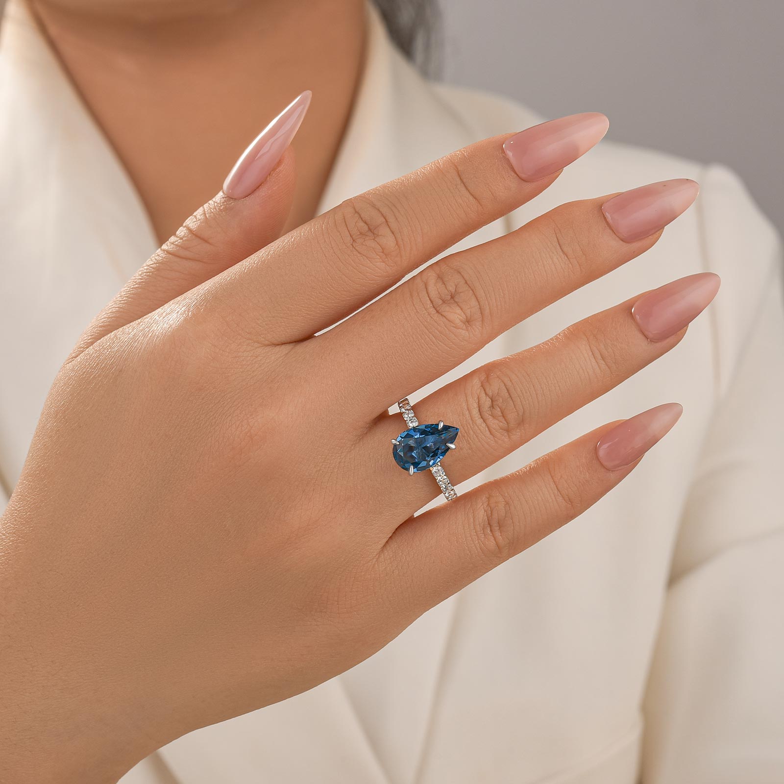 Louily Unique 3.0 Carat Pear Cut Blue Sapphire Engagement Ring In Sterling Silver