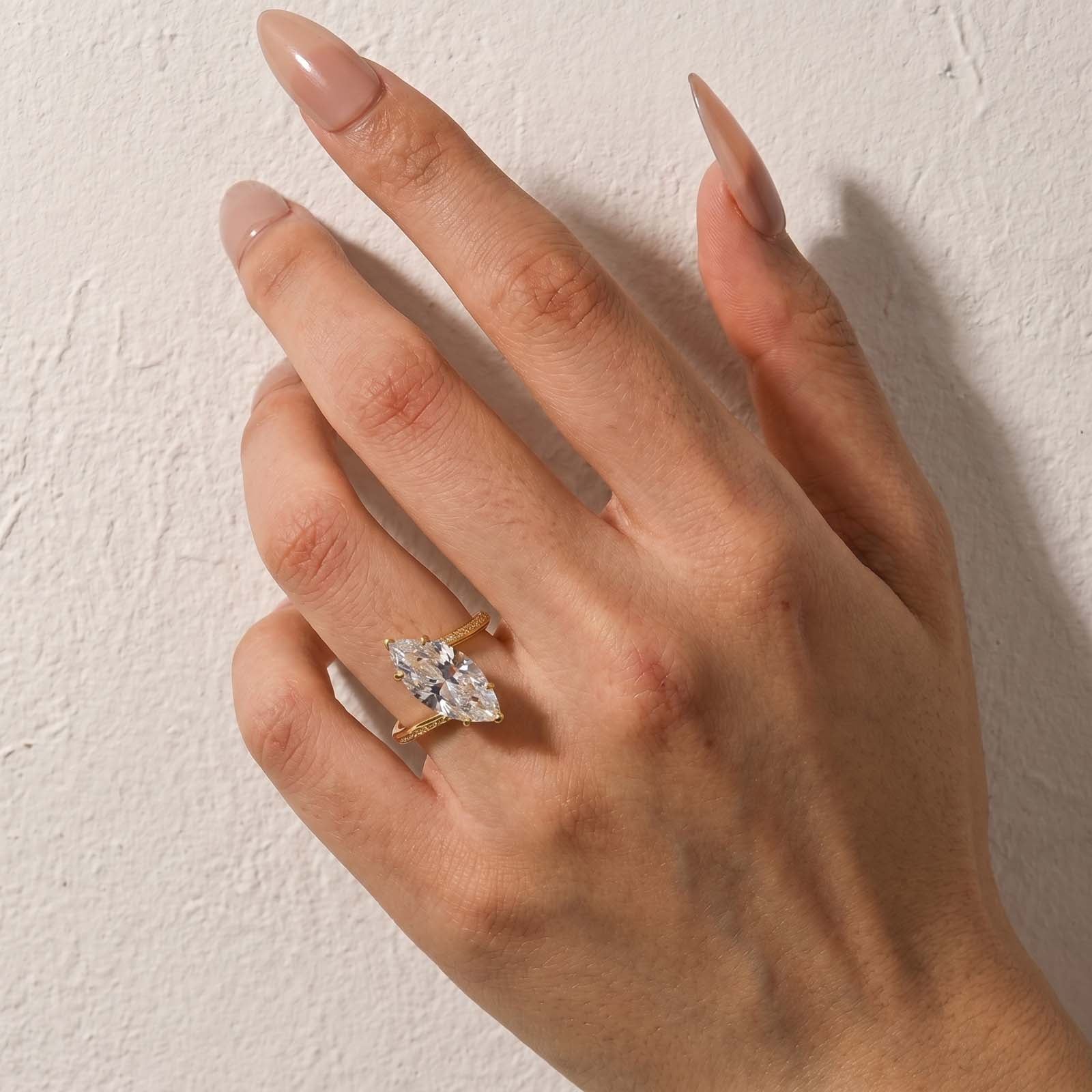 S925 4.0Ct Marquise Cut Pavé Engagement Ring in 18K Yellow Gold Travel Ring For Women