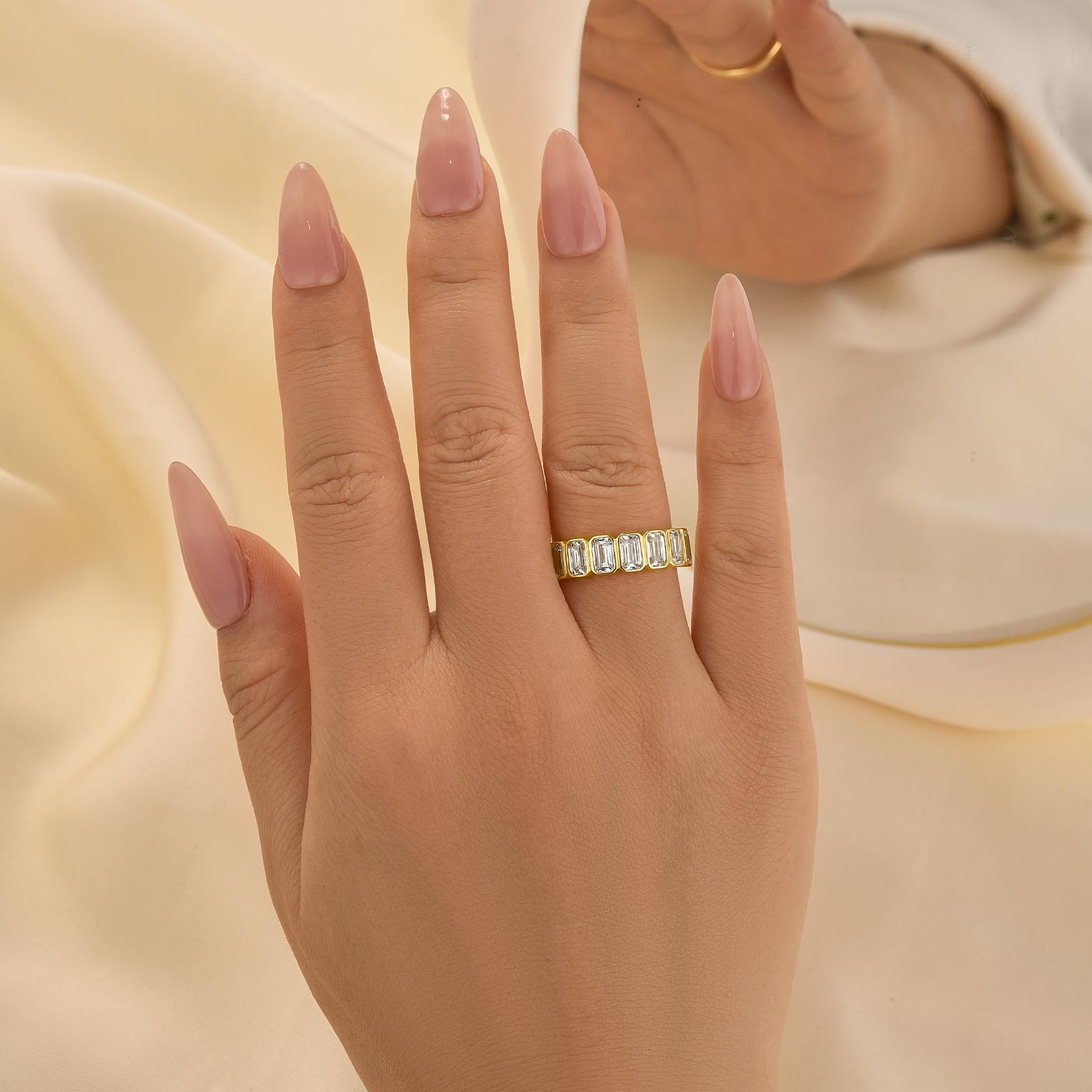 2.8Ct Emerald Cut Bezel Half Wedding Band Travel Ring In Sterling Silver