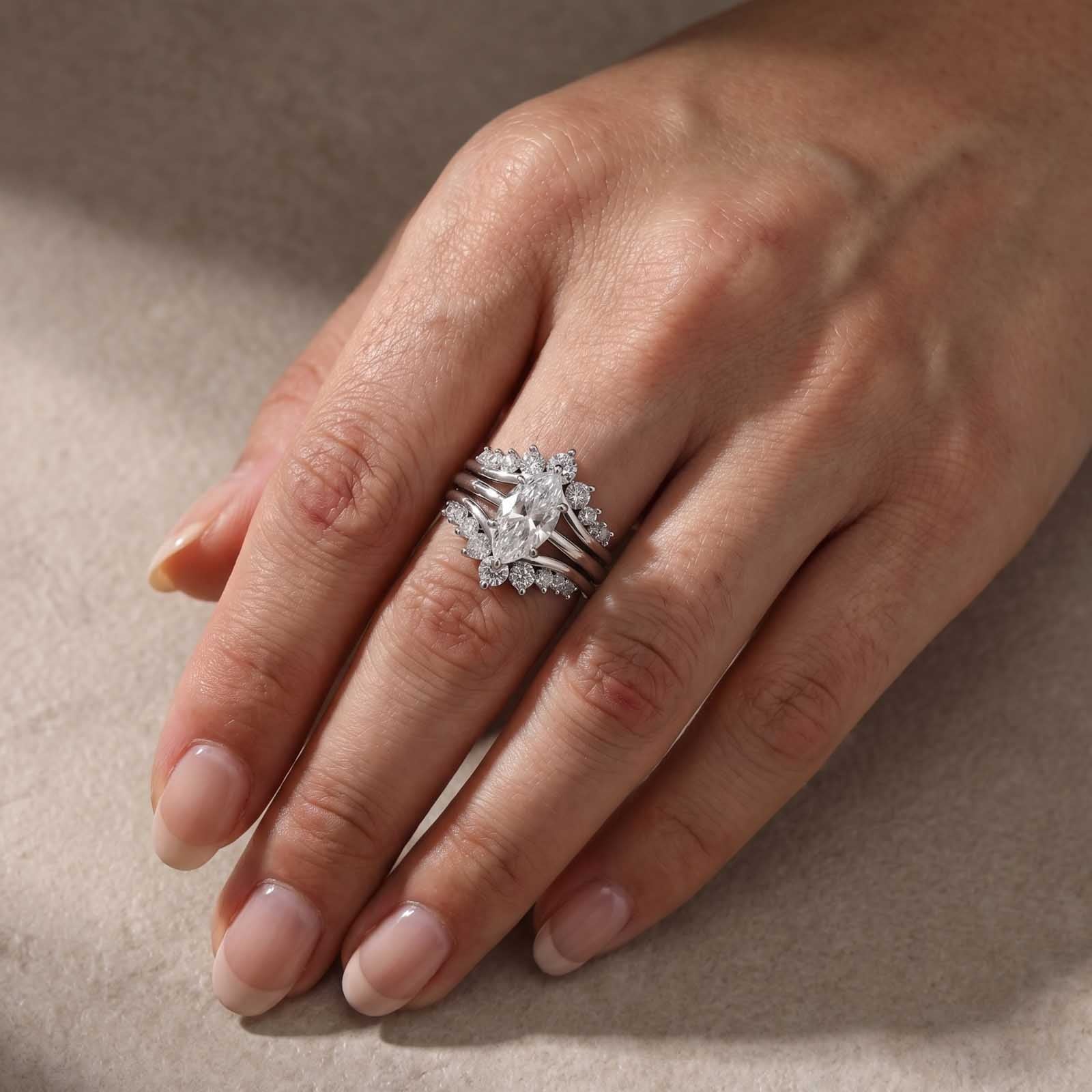 S925 4.0Ct Wedding Set Marquise Cut Hidden Halo Engagement Ring With Maxine Fashion Round Cut Jacket Wedding Band