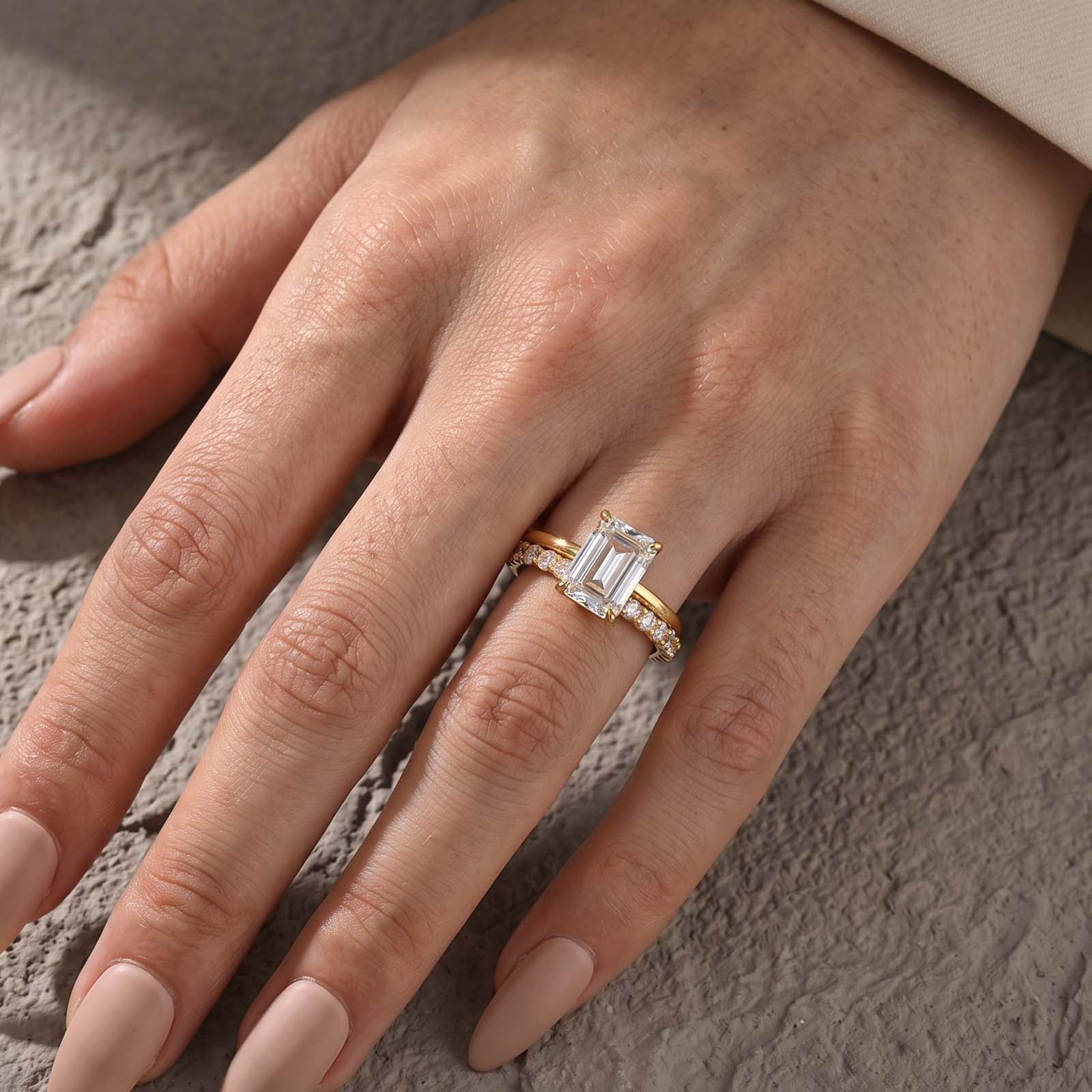 S925 3.5CT Emerald Cut 2PC Stackable Solitaire Open Ring Sets For Travel