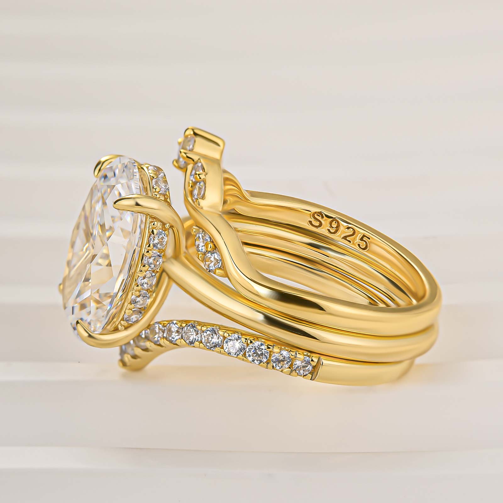 3PC Wedding Set Oval Cut Hidden Halo Solitaire Engagement Ring with 2PC Design Wedding Band