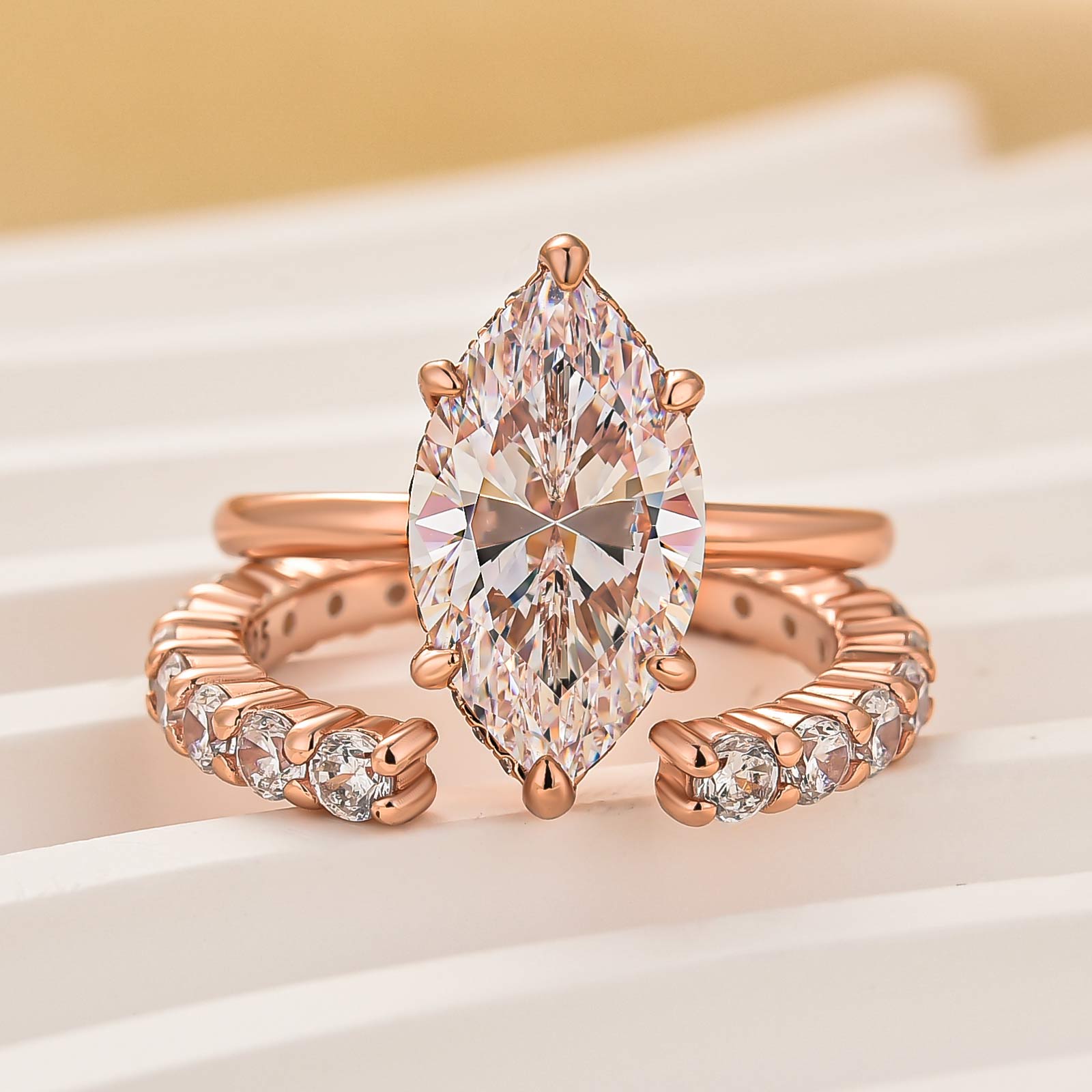 4.0 Carat Marquise Cut Engagement Ring With Classic Open Wedding Band