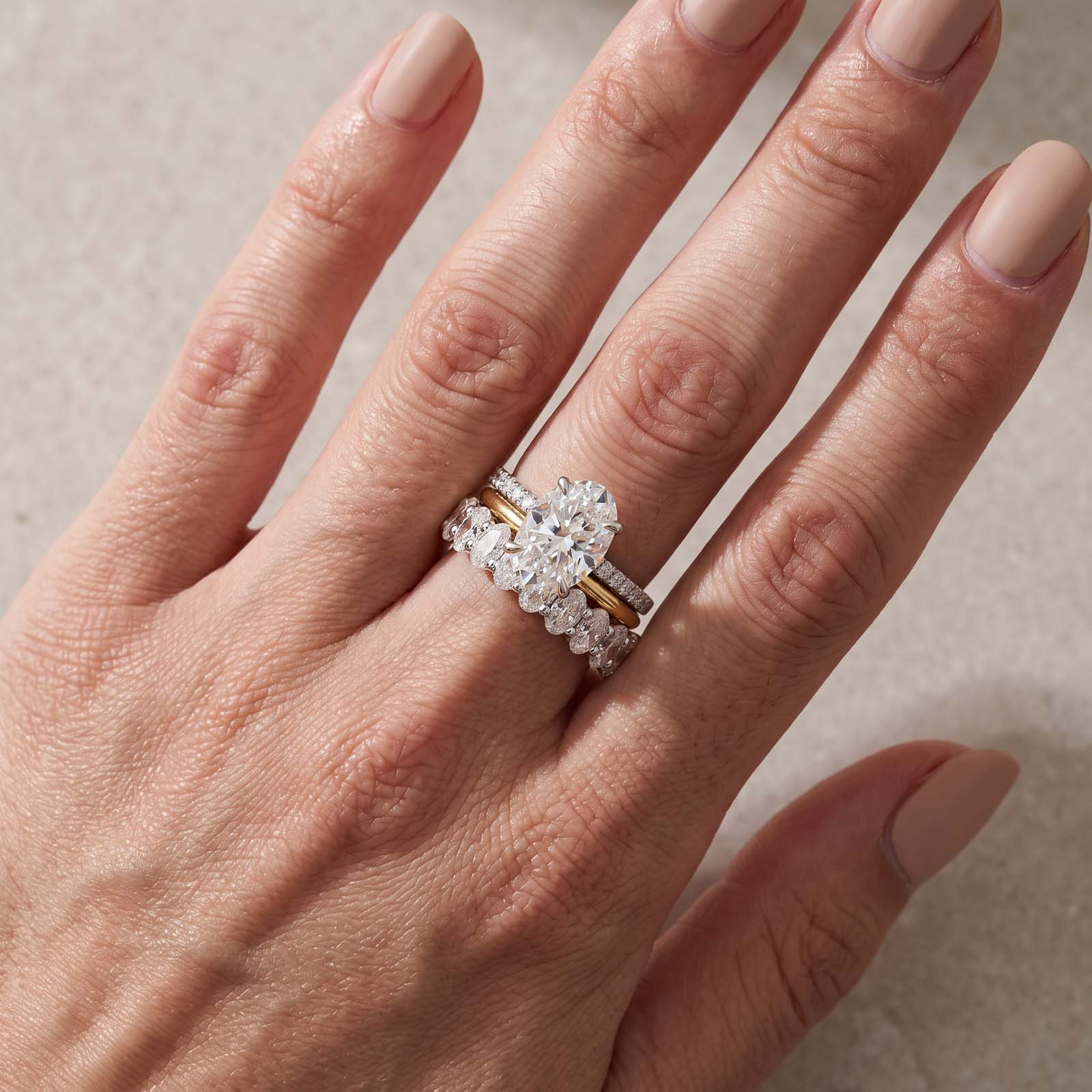 S925 3PC Moissanite 4.0Ct Oval Cut Ring & Two Classic Wedding Bands Stackable Statement Ring Sets
