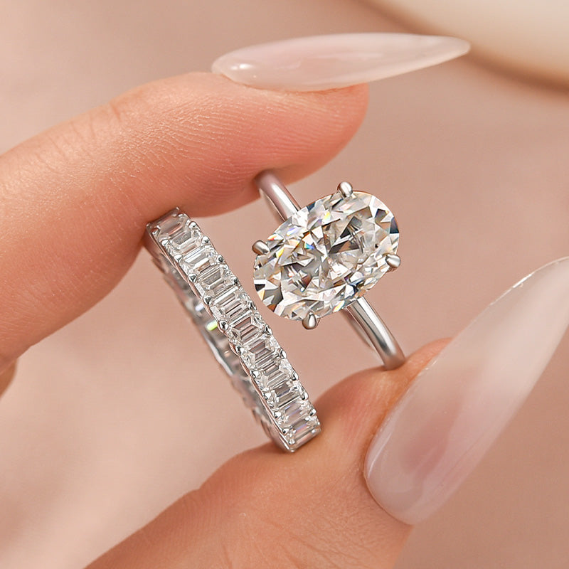 Louily Moissanite 4.0Ct Oval Cut White Gold Wedding Ring with Emerald Cut Wedding Ring