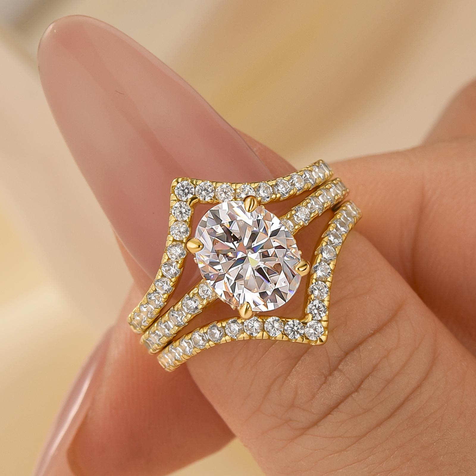 3PC 2.0Ct Oval Cut Wedding Ring Set With V-shaped Design Full Wedding Band