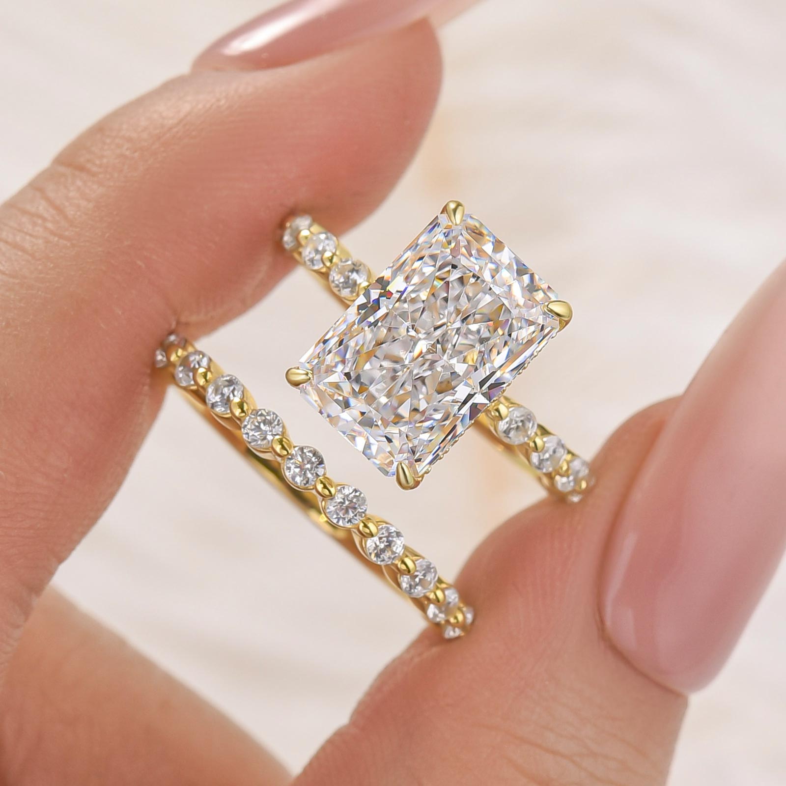 S925 2PC 5.0Ct Side Stone Radiant Cut Yellow Gold Engagement Ring with Round Cut Wedding Band - louilyjewelry