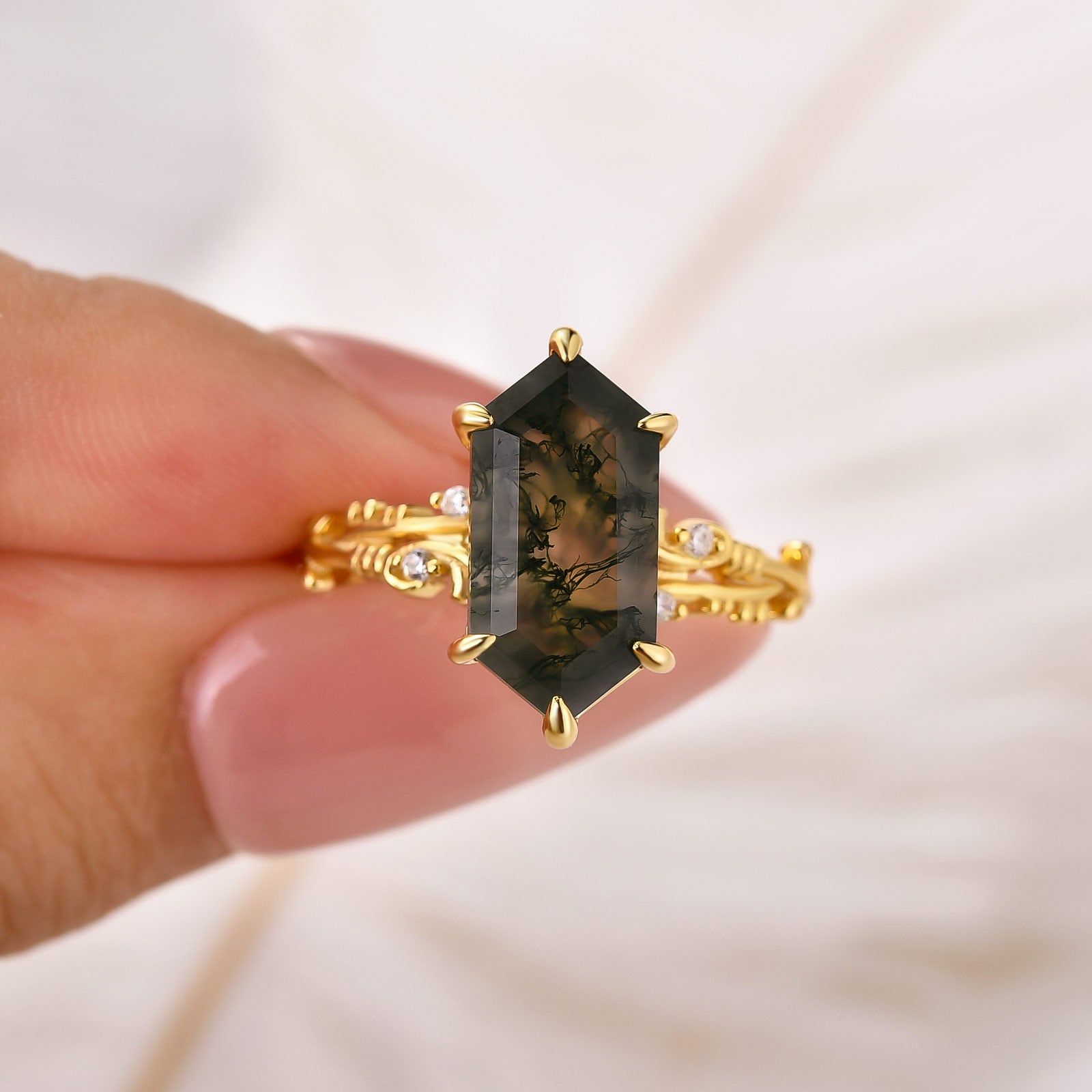 Moss Agate 2.0Ct Elongated Hexagon Cut Nature-Inspired Engagement Ring