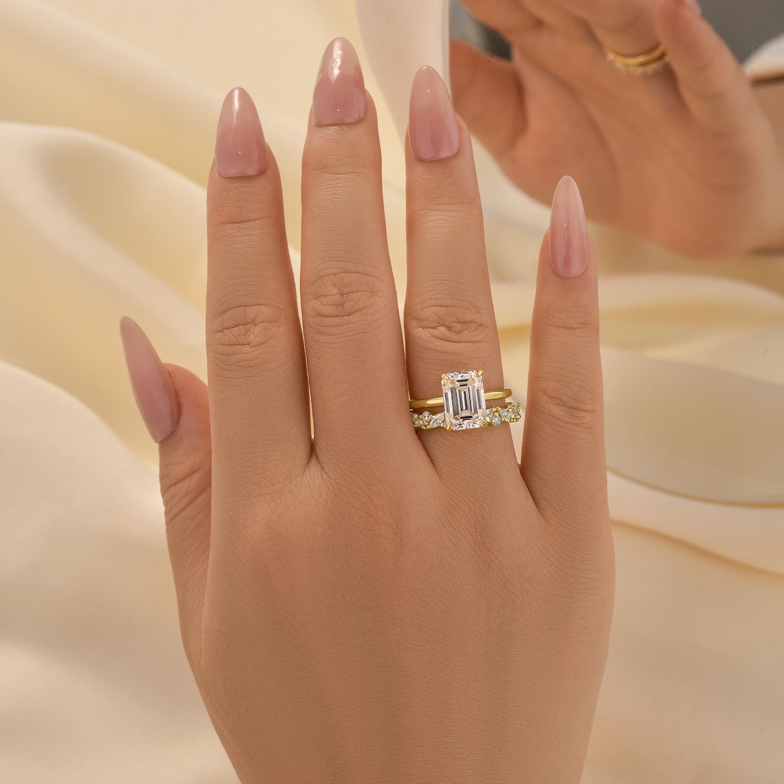 2PC 3.5 Carat Emerald Cut Solitaire Wedding Ring Set With Marquise Cut & Round Cut Wedding Band