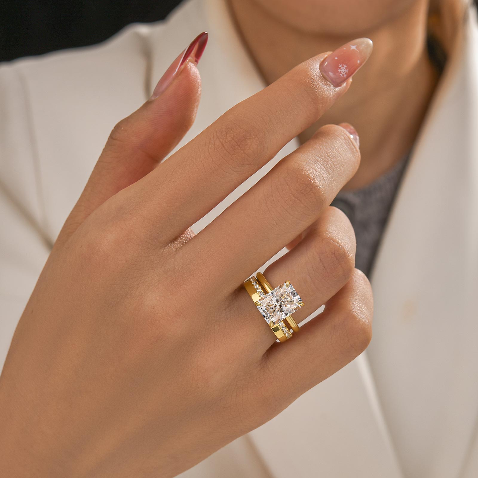 2PC Moissanite 4.5Ct Radiant Cut Solitaire Engagement Ring With Round Cut Wedding Band Wedding Ring Set