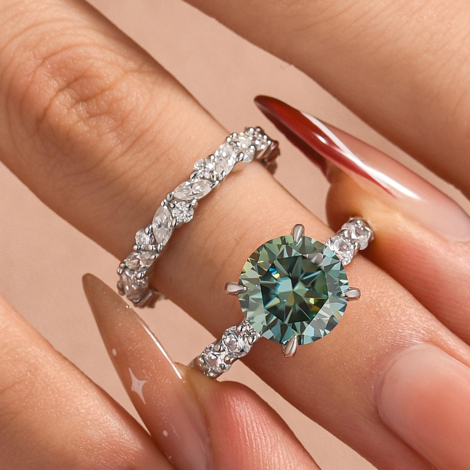 2PC Moissanite 4.0Ct Round Cut Green Stone Engagement Ring With Round&Marquise Cut Wedding Band