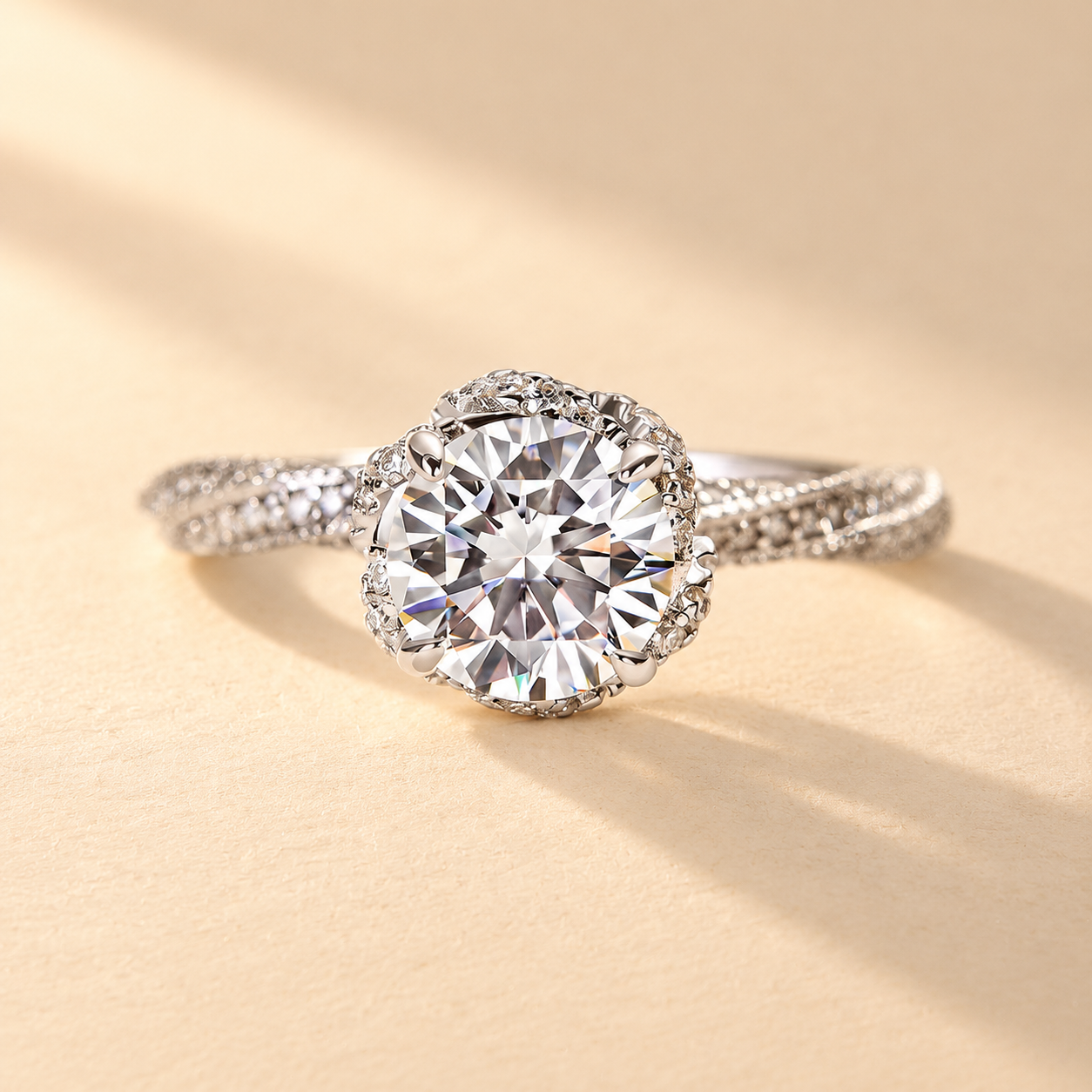 Moissanite Flower Design 1.0Ct Round Cut Engagement Ring