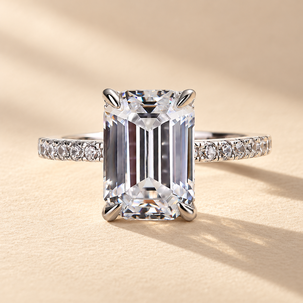 Louily Classic Emerald Cut Engagement Ring In Sterling Silver
