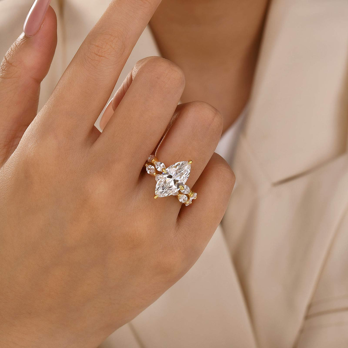 S925 2PC 4.0Ct Marquise Cut Engagement Ring & Half Eternity Matching Band