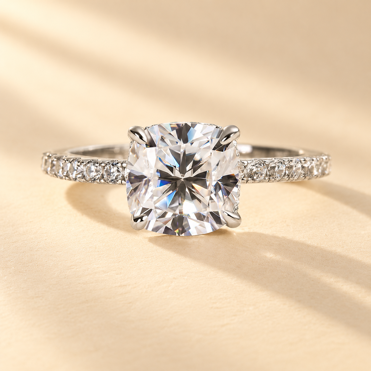 Moissanite 2.0~2.5Ct Cushion Cut Engagement Ring
