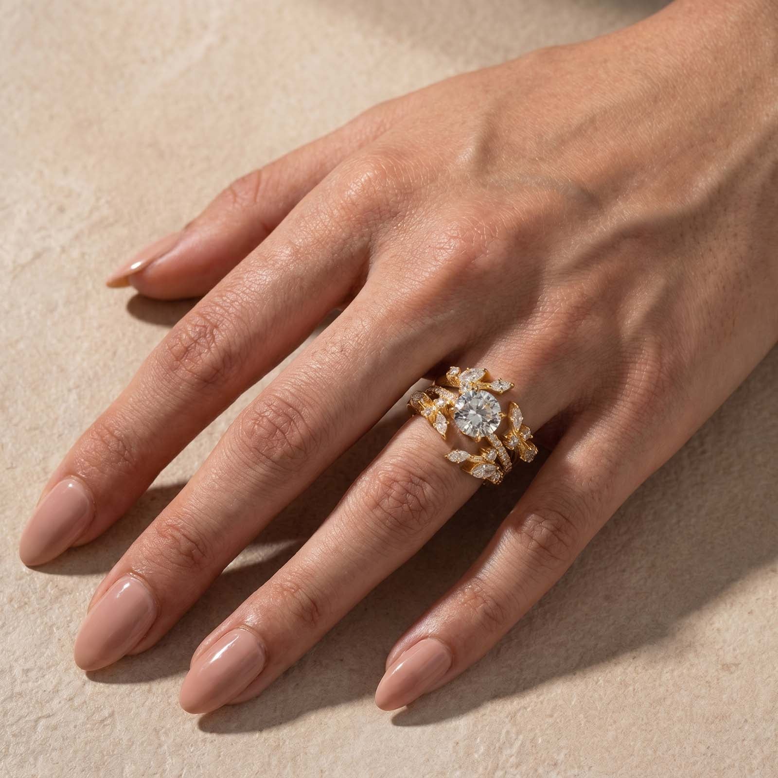 S925 2.0Ct Round Cut Engagement Ring with 1.5Ct Marquise&Round Cut Open Curved Wedding Band Nature- Inspired Rings