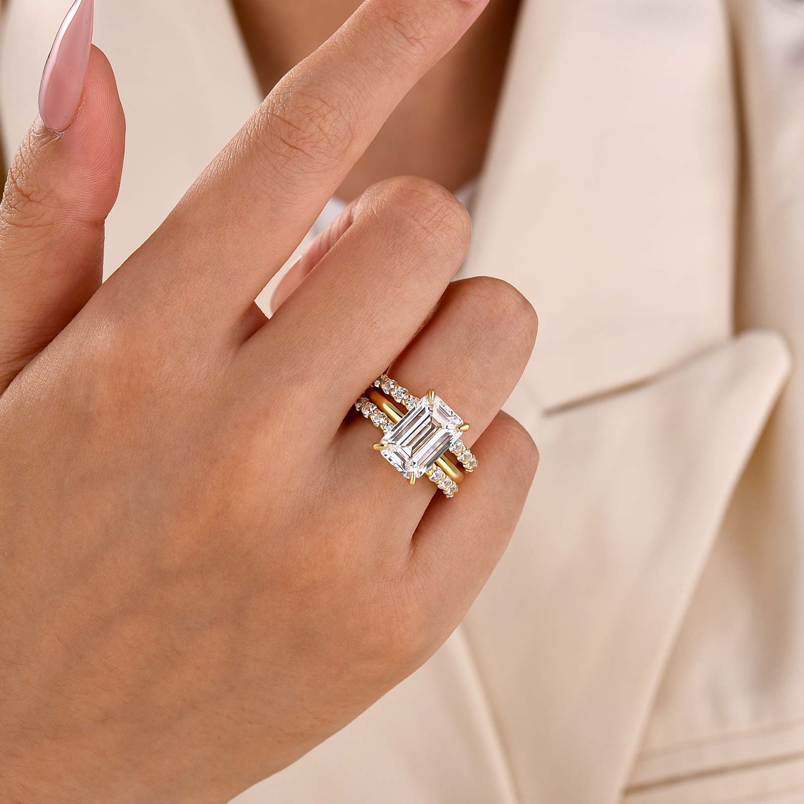 3PC 5.0Ct Emerald Cut Wedding Ring Set With Two Open Wedding Bands