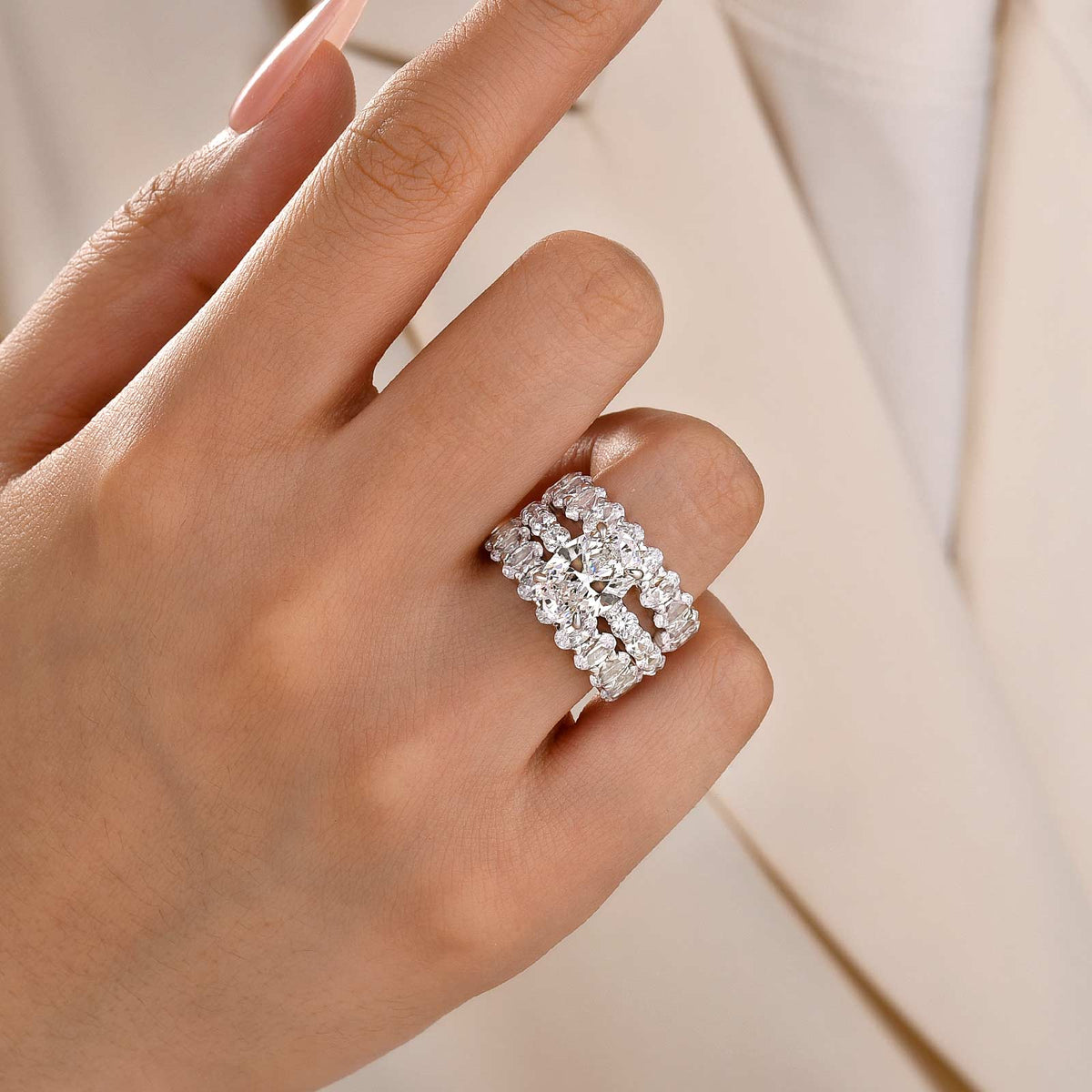 S925 3PC 4.0Ct Oval Cut Ring with Full Eternity Oval Cut Band Statement Ring Sets