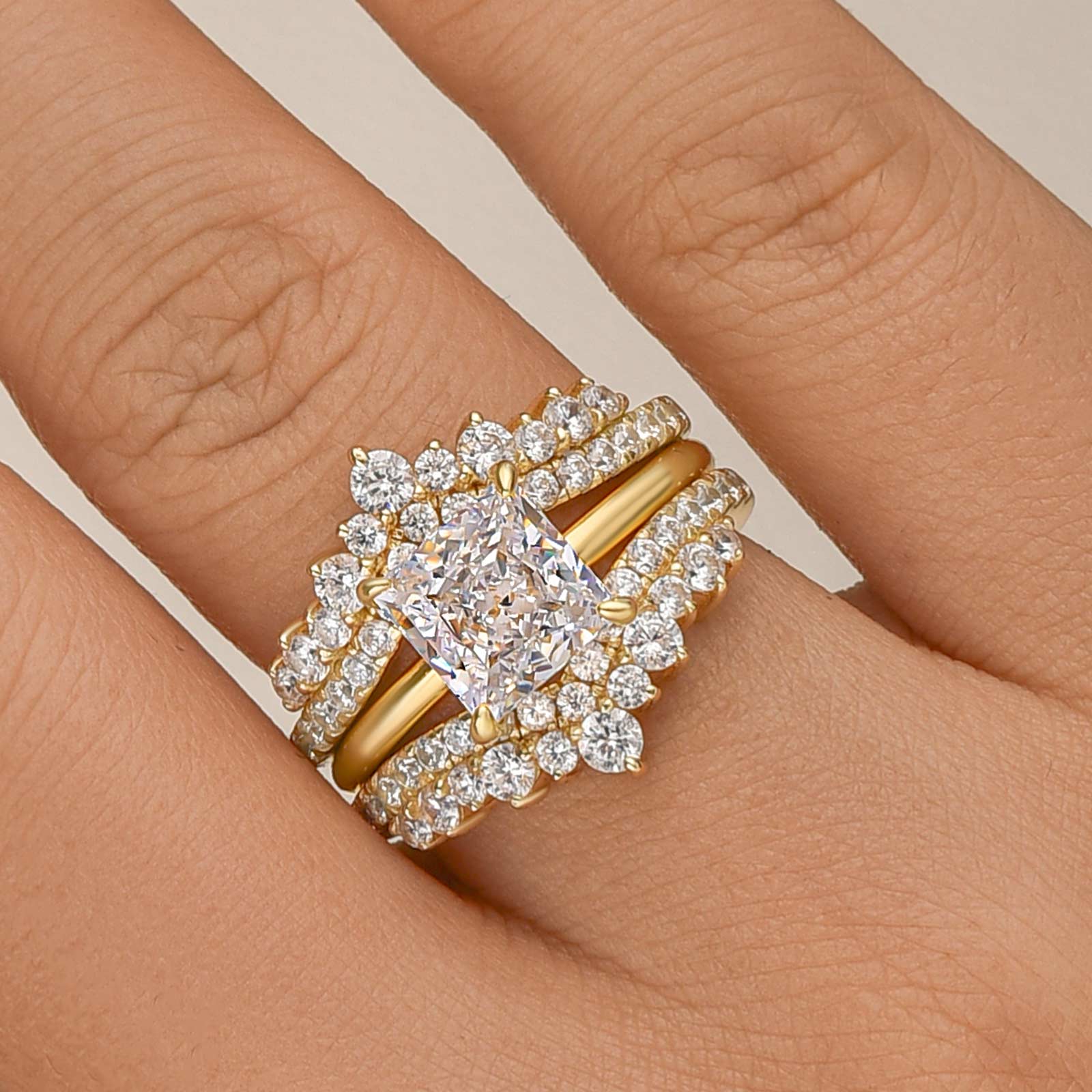 2PC Wedding Sets 2.0Ct Square Princess Cut Engagement Ring With Pavé Full Eternity Enhancer Yellow Gold Wedding Band