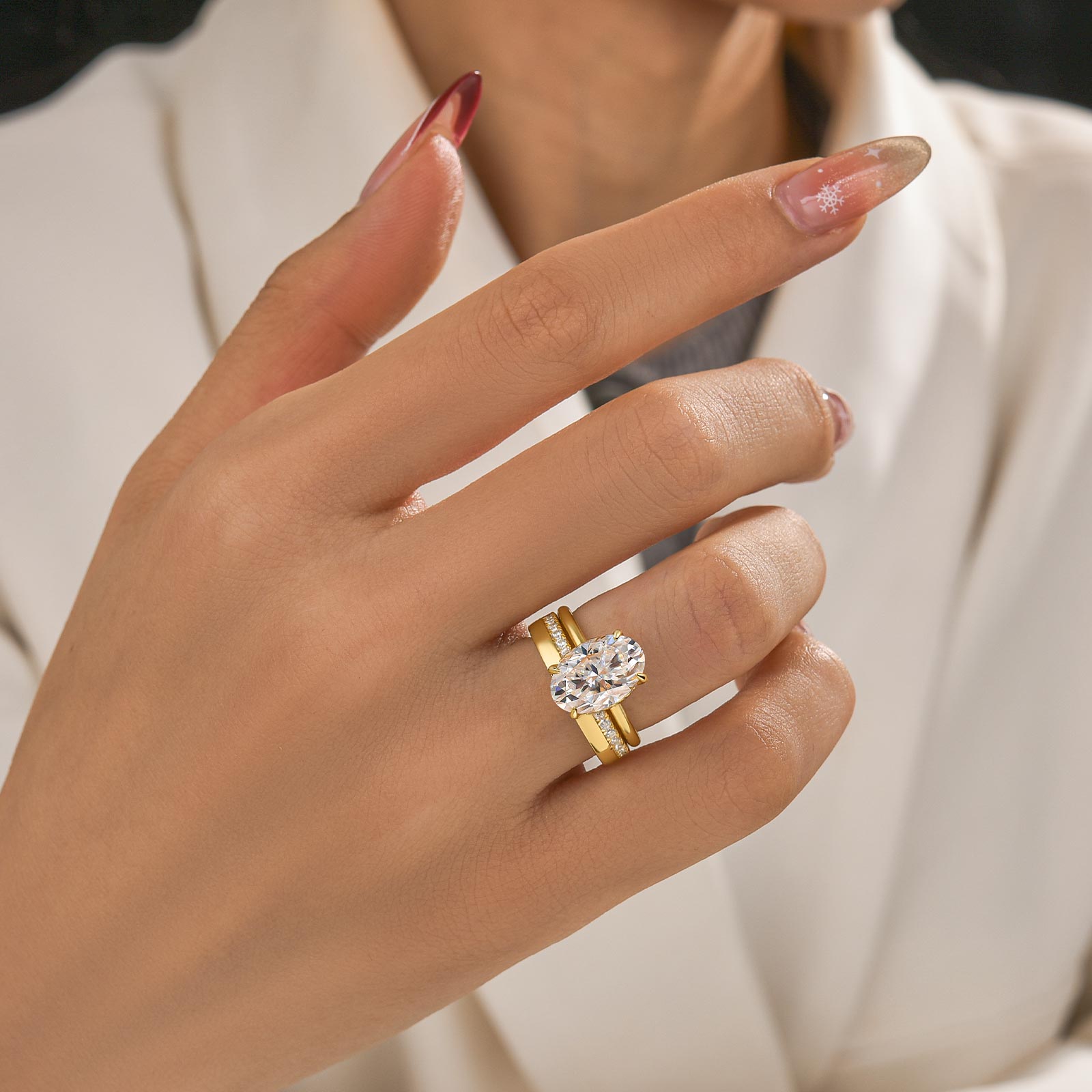 Moissanite 2PC 4.0Ct Oval Cut Hidden Halo Engagement Ring With Round Cut Wedding Band Wedding Ring Set