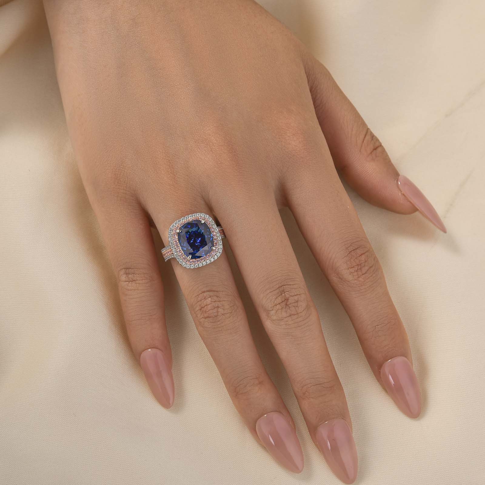 S925 Double Halo 6.0Ct Cushion Cut Three Shank Vintage Aquamarine Blue&Purple Engagement Ring