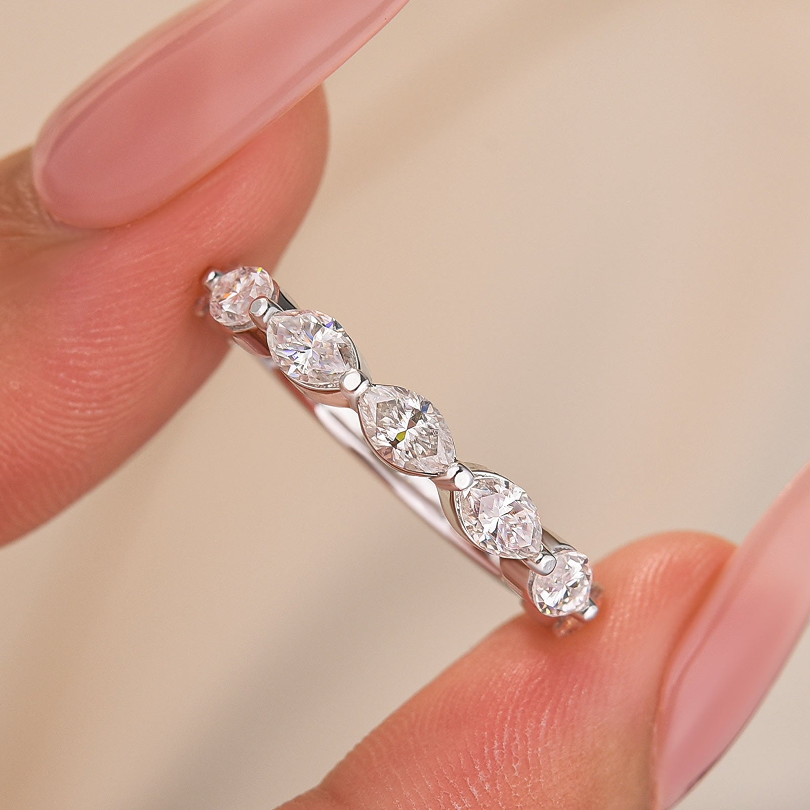S925 1.75Ct Elegant Marquise Cut Half Wedding Band Stackable Ring For Everyday Wear