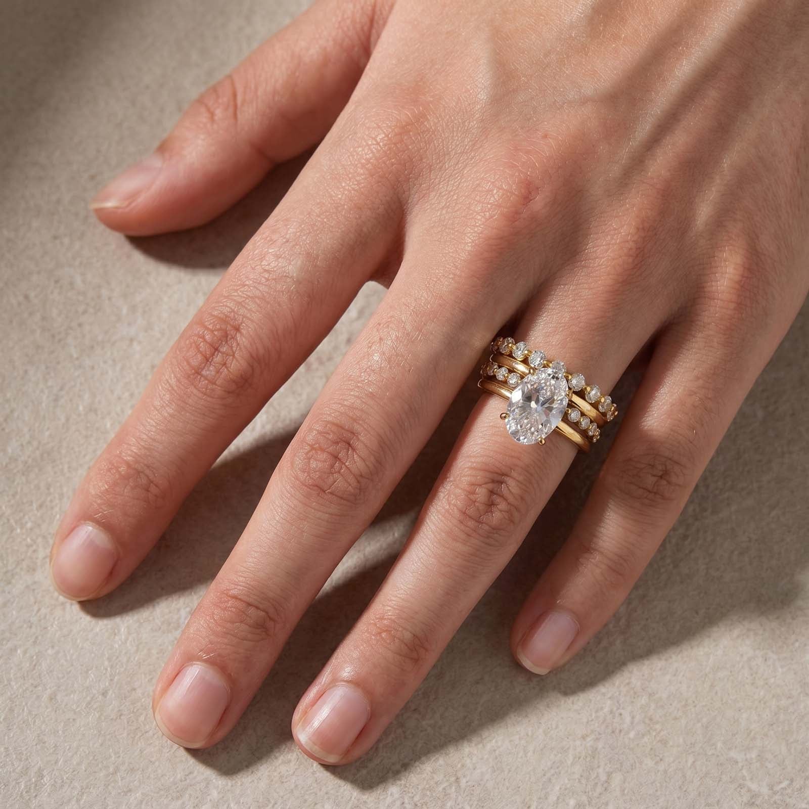 S925 Hidden Halo 4.0Ct Oval Cut Engagement Ring with 2.5Ct Round Cut Wedding Band 4PC Stackable Rings