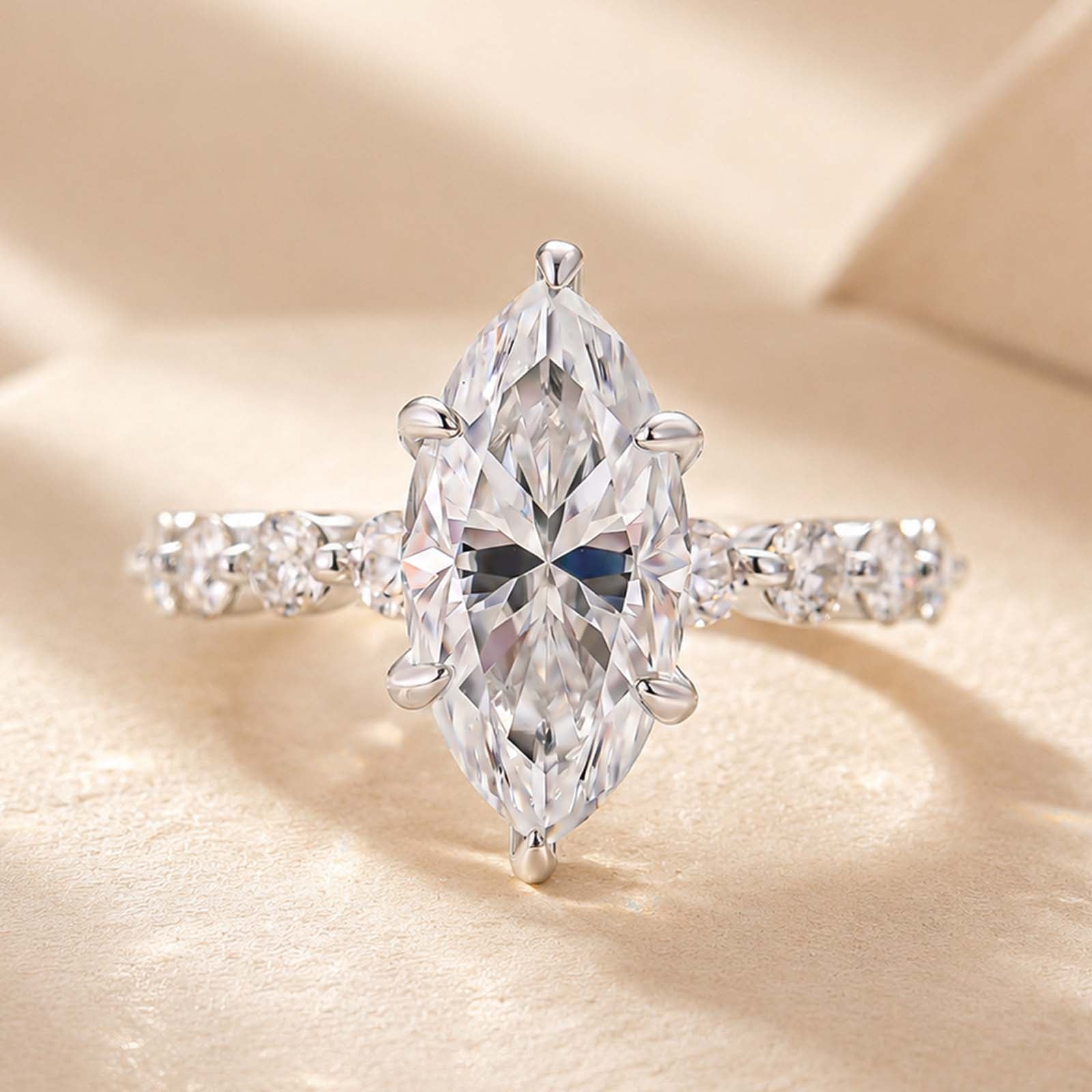 S925 Moissanite 3.0Ct Marquise Cut Side Stone Promise Ring Everyday Wearable Ring For Her