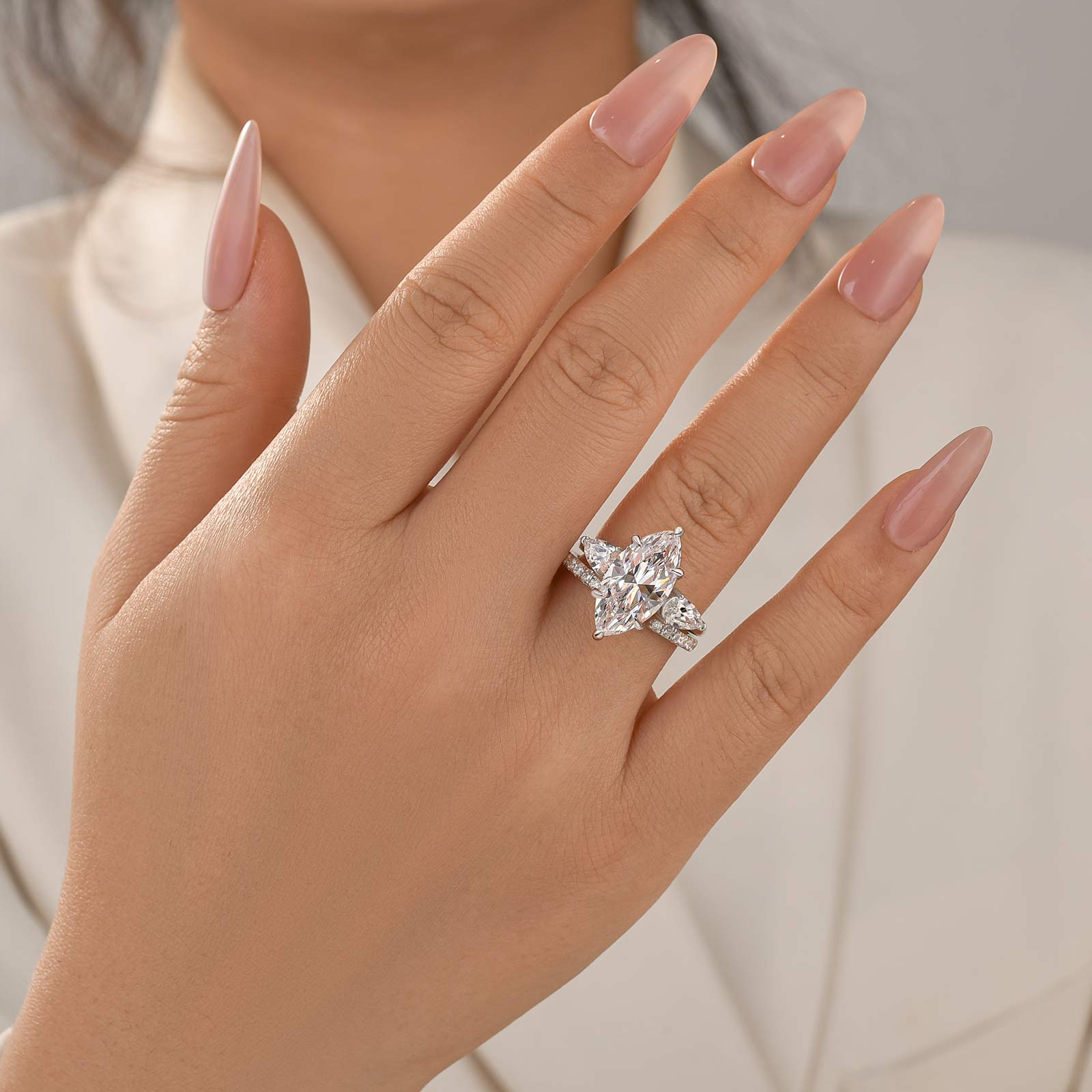 2PC 4.0Ct Marquise Cut Hidden Halo Engagement Ring With Pear Cut Open Wedding Band