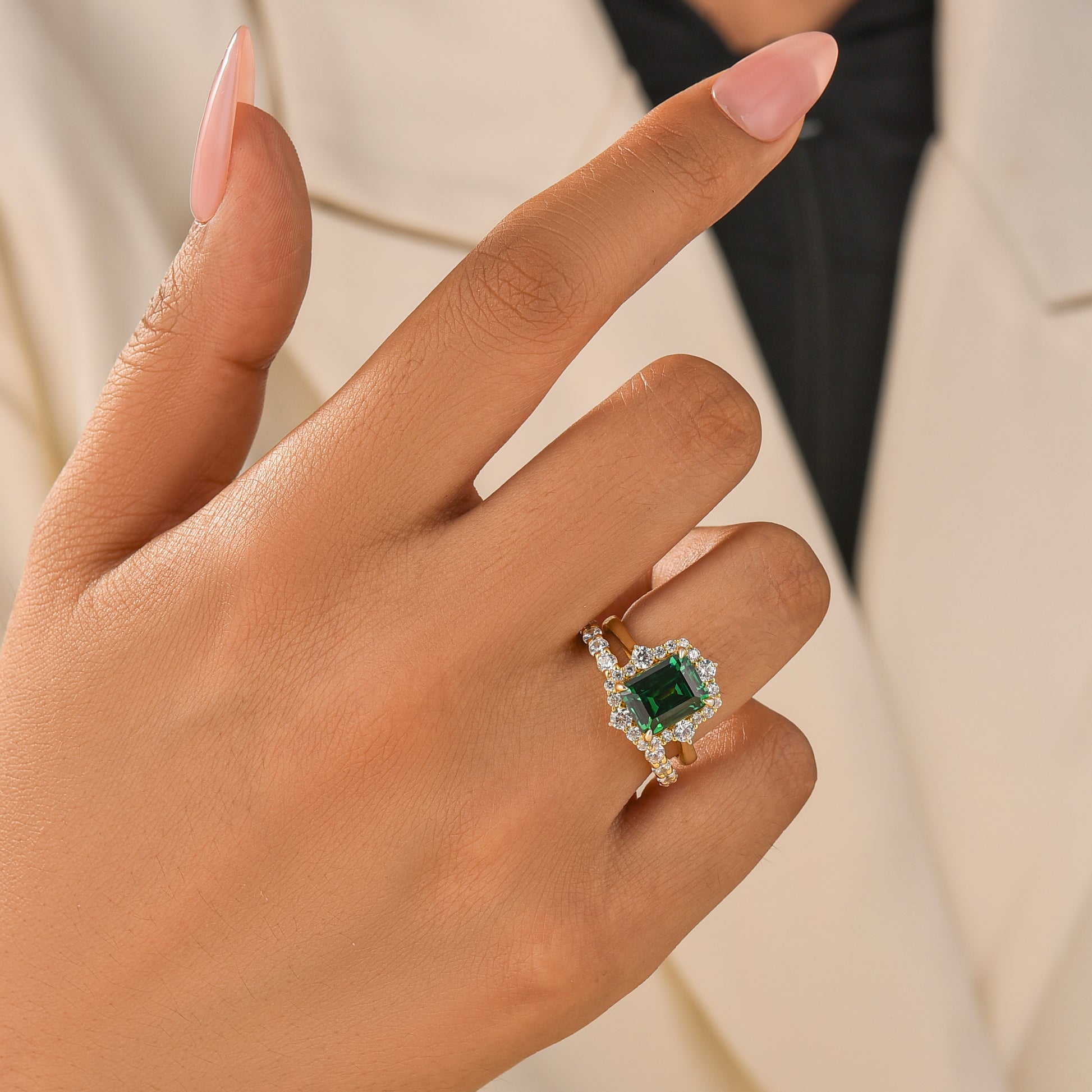 S925 Halo 3.0Ct Green Emerald Cut Engagement Ring & Open Wedding Band Stackable Rings For Everyday Wear