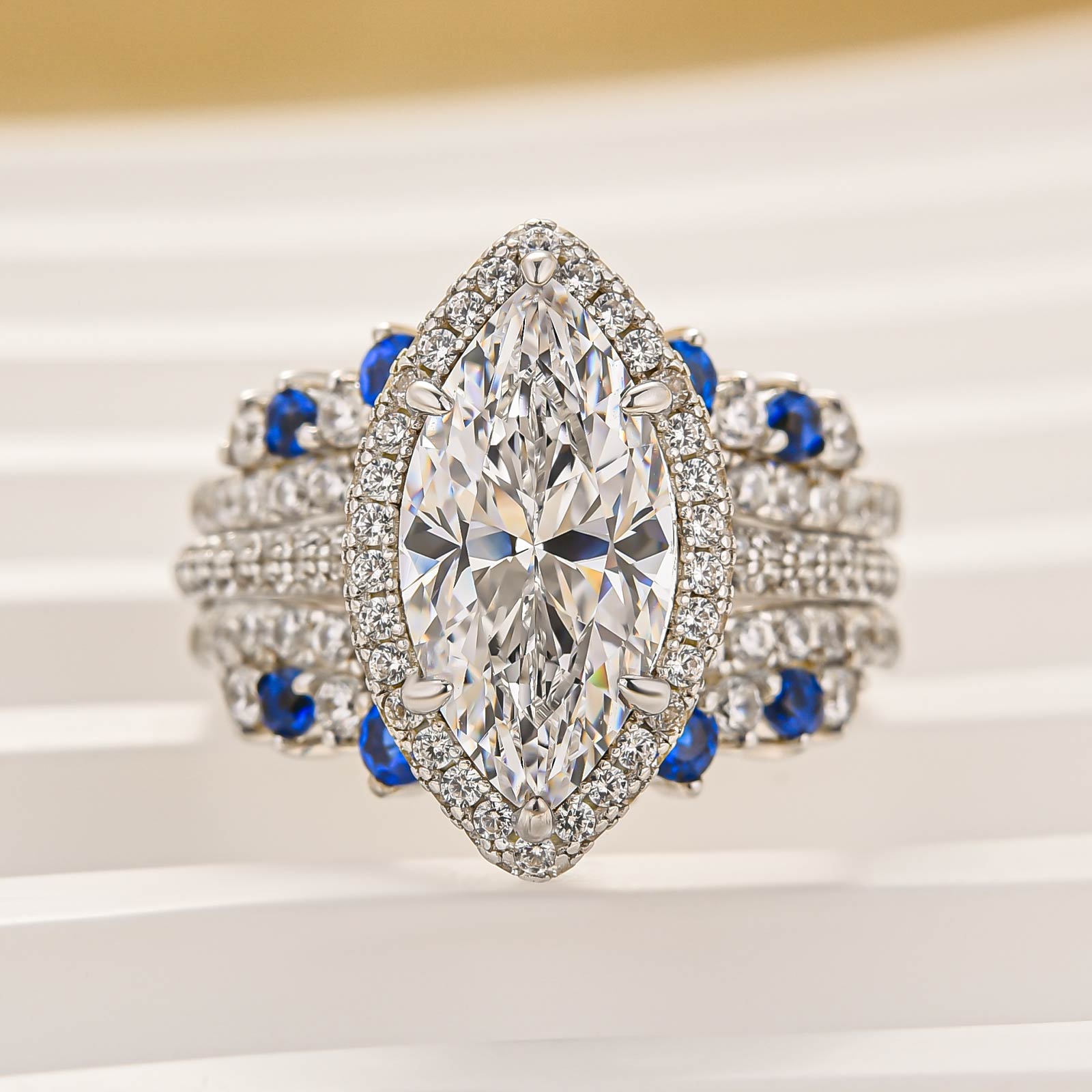 2PC Enhancer Wedding Set 3.0Ct Halo Marquise Cut Engagement Ring with Blue & White Stone Wedding Band