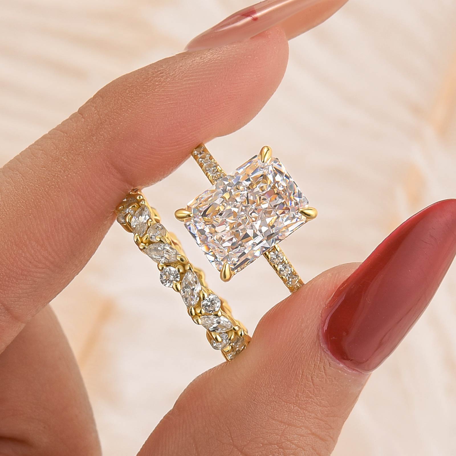 Elegant 4.5CT Emerald Cut Floral Stacking Statement Ring Sets In Sterling Silver