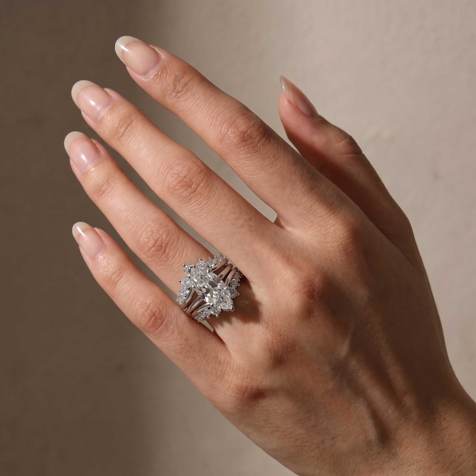 S925 4.0Ct Wedding Set Marquise Cut Hidden Halo Engagement Ring With Maxine Fashion Round Cut Jacket Wedding Band