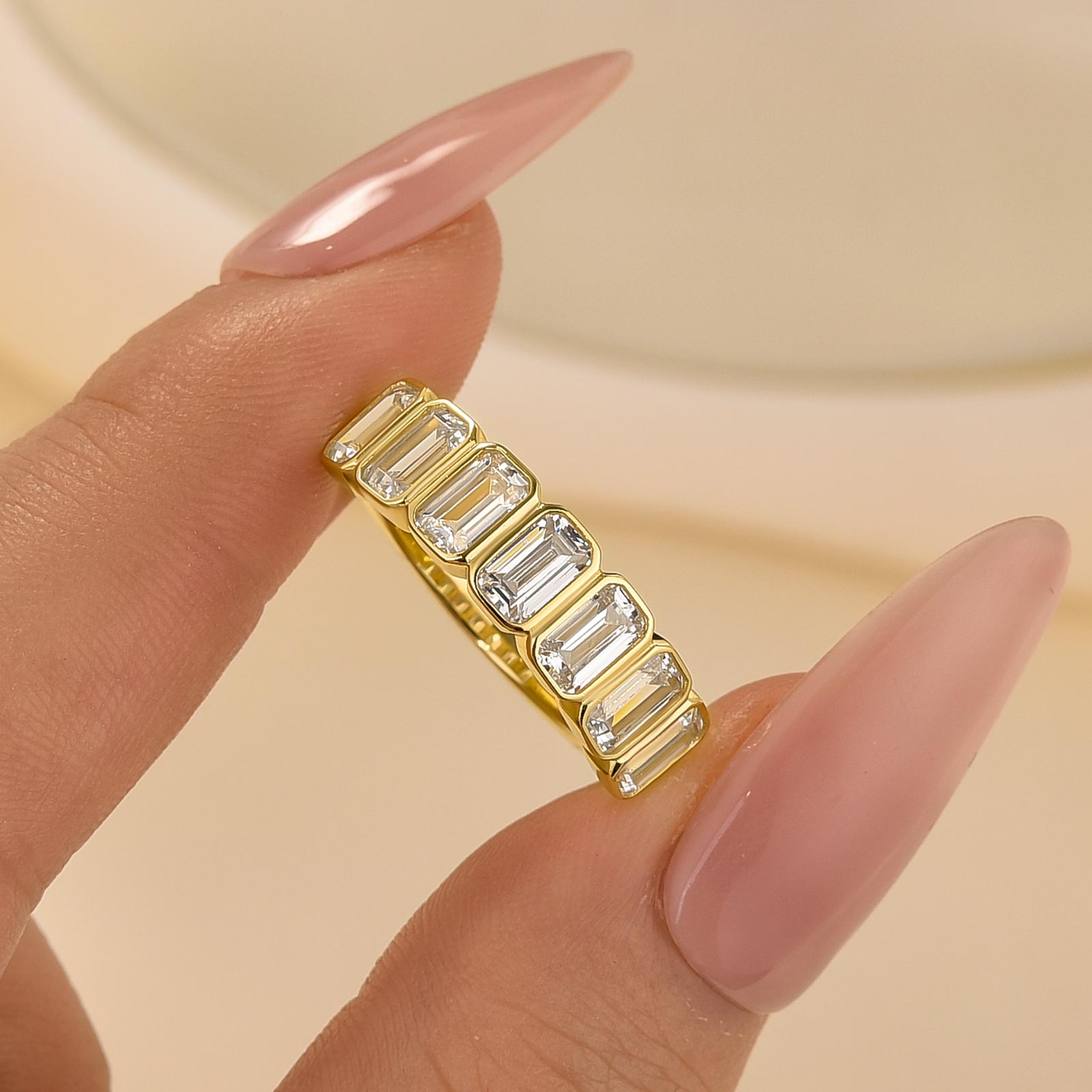 2.8Ct Emerald Cut Bezel Half Wedding Band Travel Ring In Sterling Silver