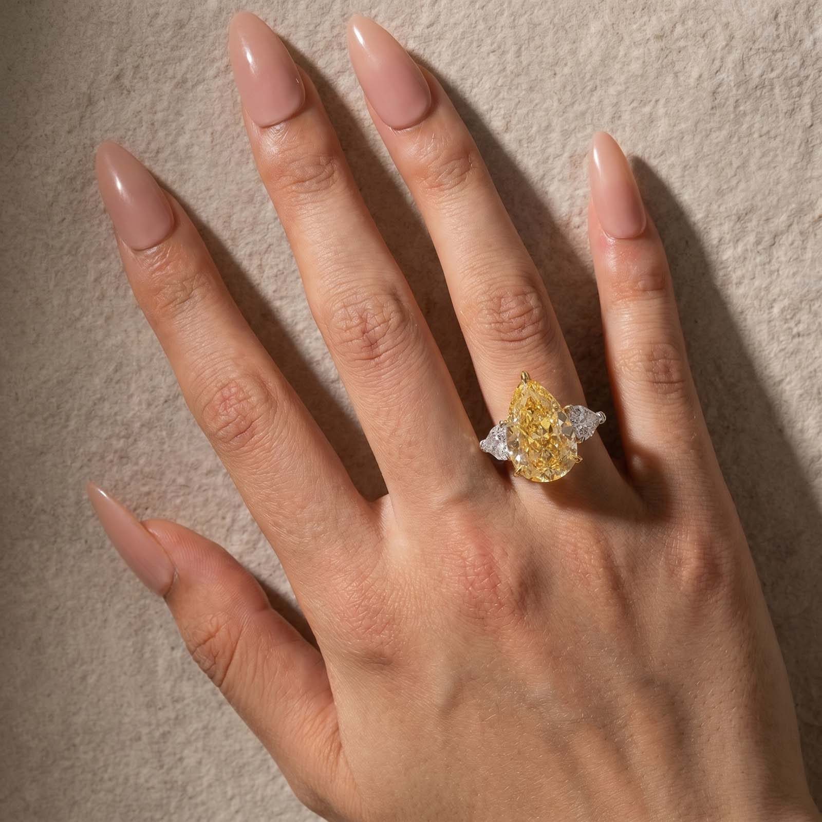 S925 Stunning Pear Cut Yellow/Pink Sapphire Three Stone Engagement Ring