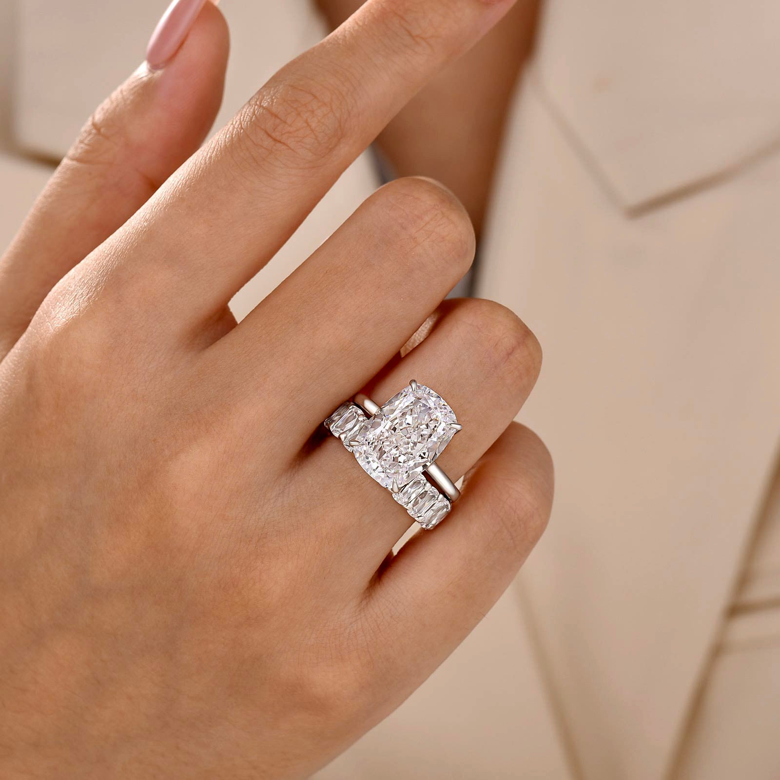 8.5Ct Cushion Cut Hidden Halo Engagement Ring & 7.5Ct Cushion Cut Eternity Wedding Band