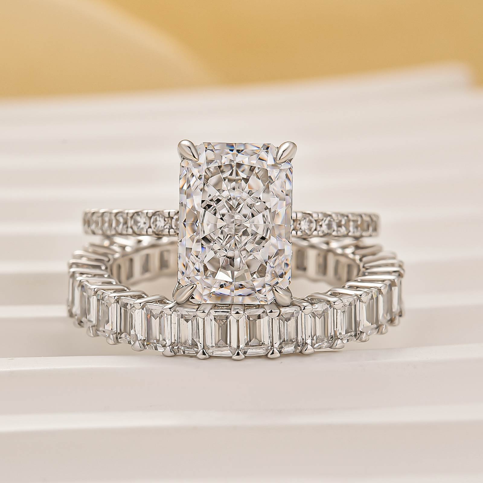 3.5Ct Radiant Cut Wedding Ring Set With Emerald Cut Wedding Band