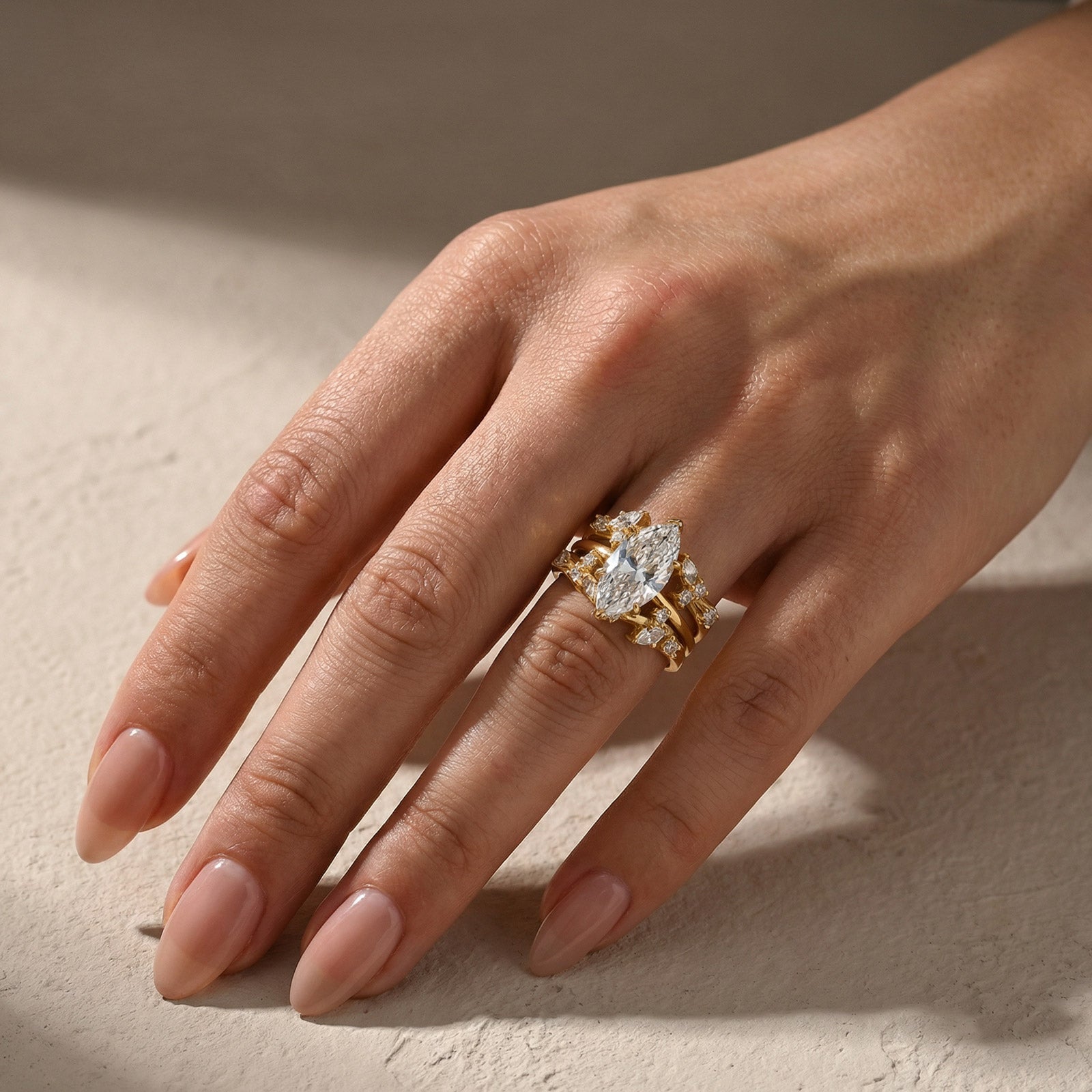S925 Hidden Halo 4.0Ct Marquise Cut Engagement Ring with 1.5Ct Marquise&Round Cut Enhancer Wedding Band