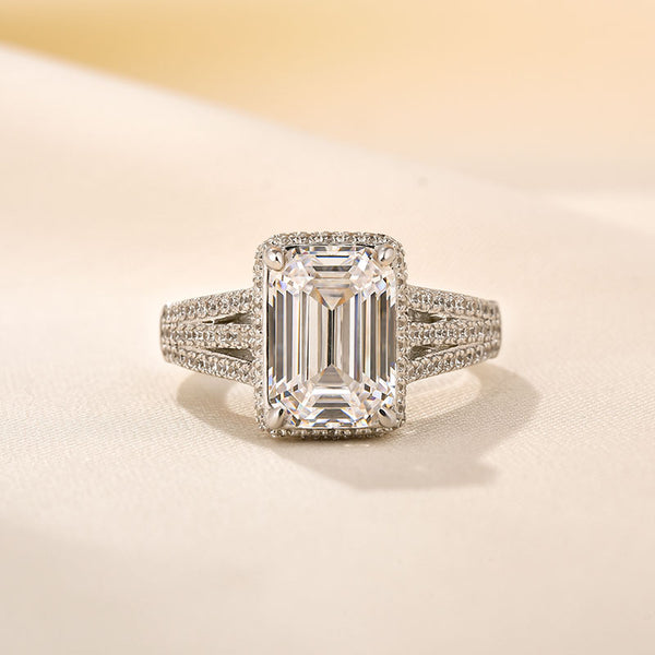 Louily Exclusive Split Shank Emerald Cut Engagement Ring In Sterling Silver