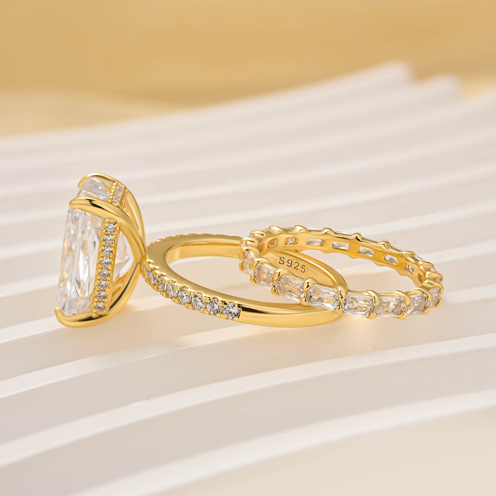 S925 7.0Ct Radiant Cut Engagement Ring with Radiant Cut Wedding Band - louilyjewelry