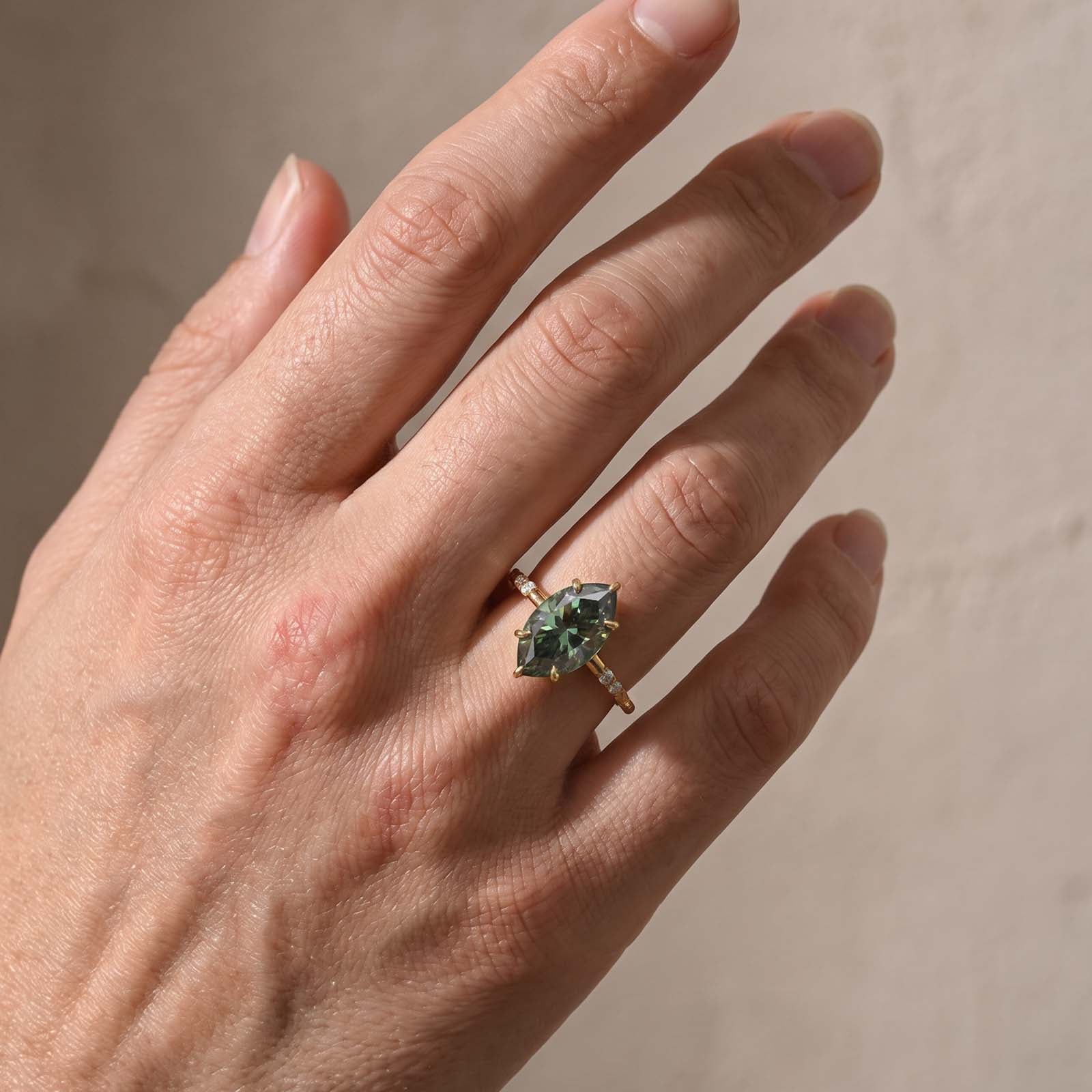 S925 Moissanite 4.0Ct Marquise Cut 18K Yellow Gold Plated Green‑hued Ring For Everyday Wear