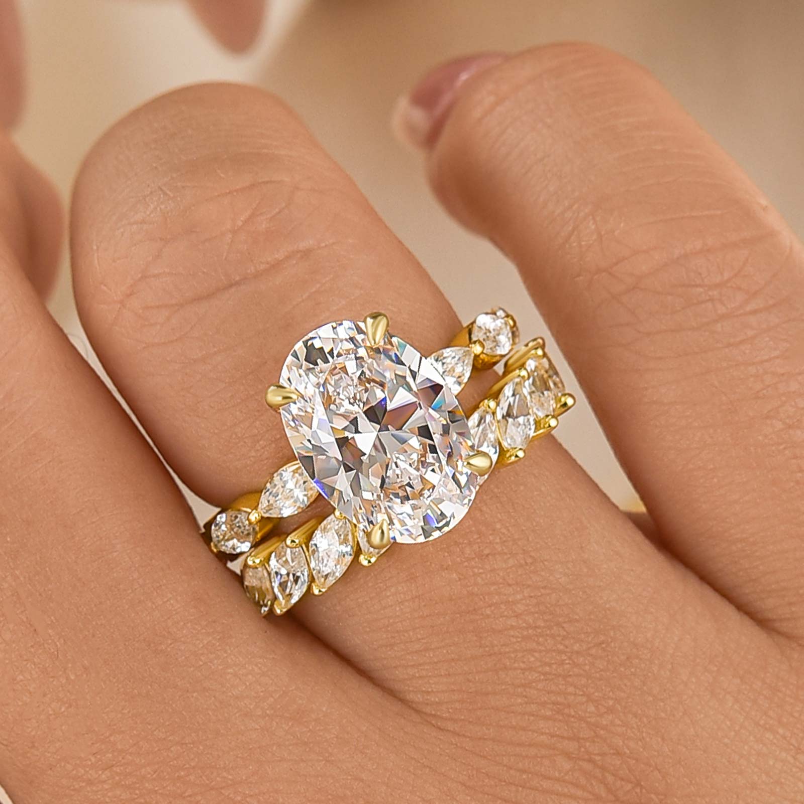 Classic 4.5Ct Oval Cut Wedding Ring Set With Marquise Cut Wedding Band