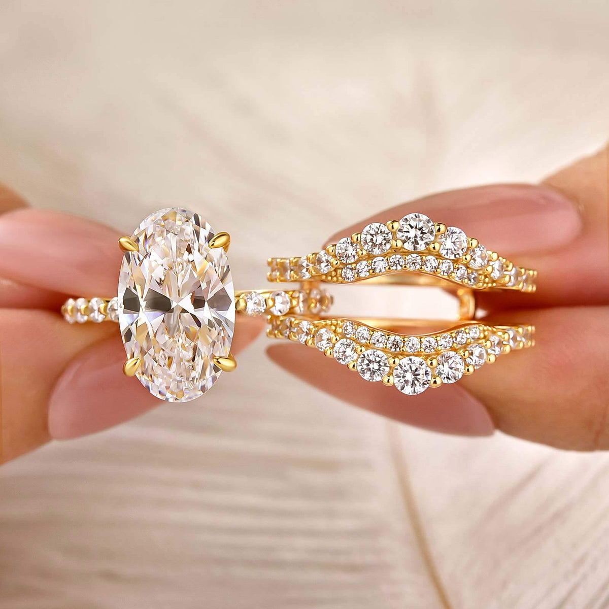 5.0Ct Oval Cut Hidden Halo Engagement Ring & Enhancer Double-Row Curved Wedding Band