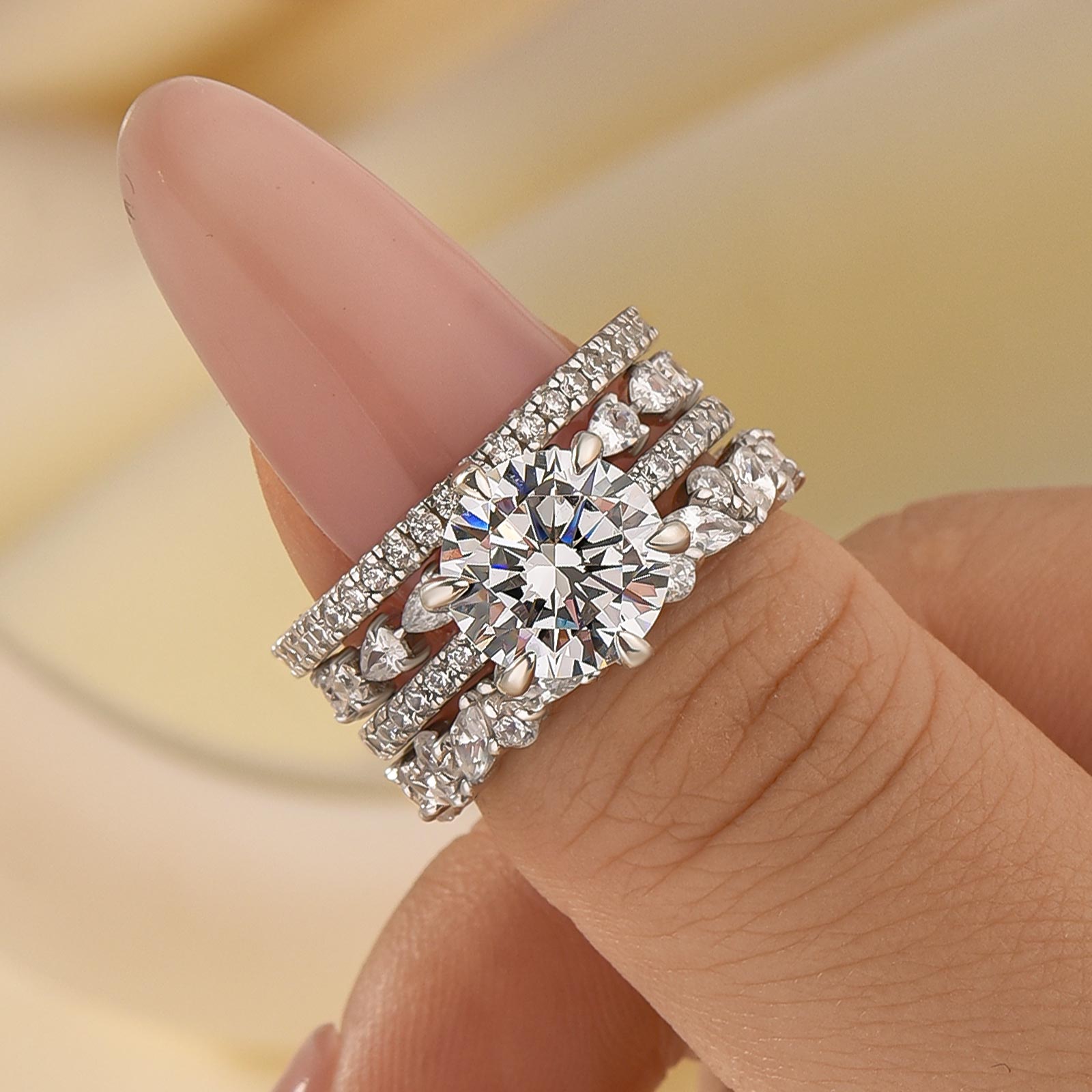 4PC 3.0 Ct Wedding Ring Set Round Cut Simulated Diamonds Engagement Ring With Fashion Design Wedding Bands