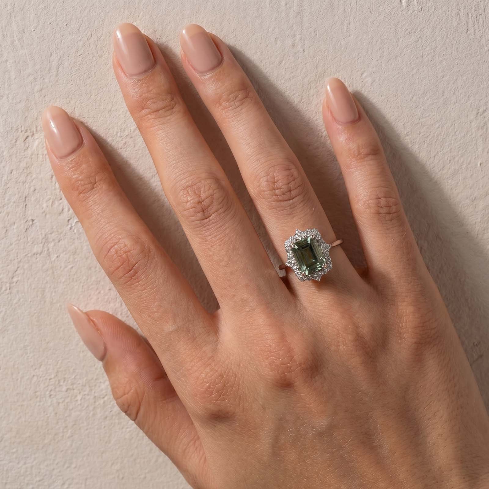 S925 3.0CT Emerald Green Emerald-Cut Moissanite Halo Ring 18K White Gold Plated In Silver Promise Ring